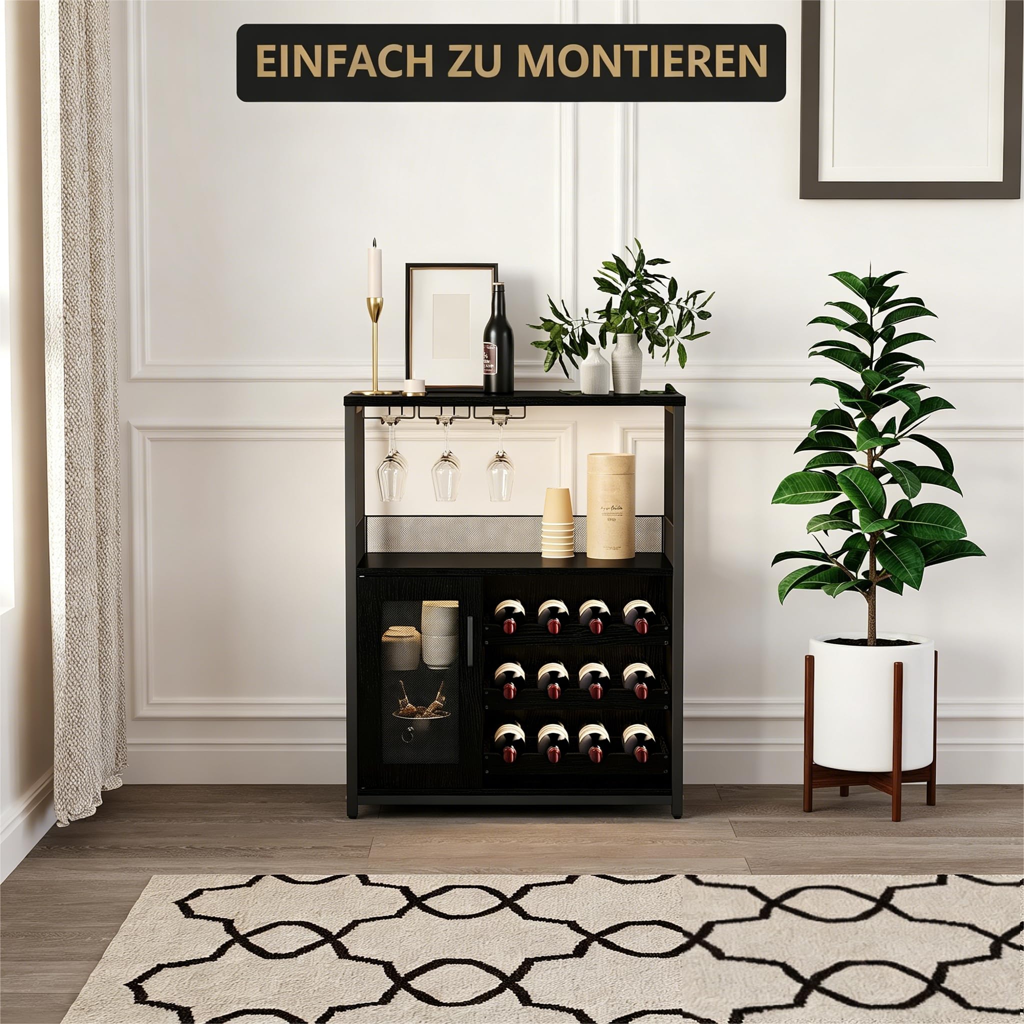 Weinregal, mit verstellbarem Weinregal und Glashalter, Industrial Design mit LED Licht, Getränkeaufbewahrung als Weinbarschrank für Küche, Esszimmer, Wohnzimmer, 70x35x92 cm, Holzmaserung Schwarz