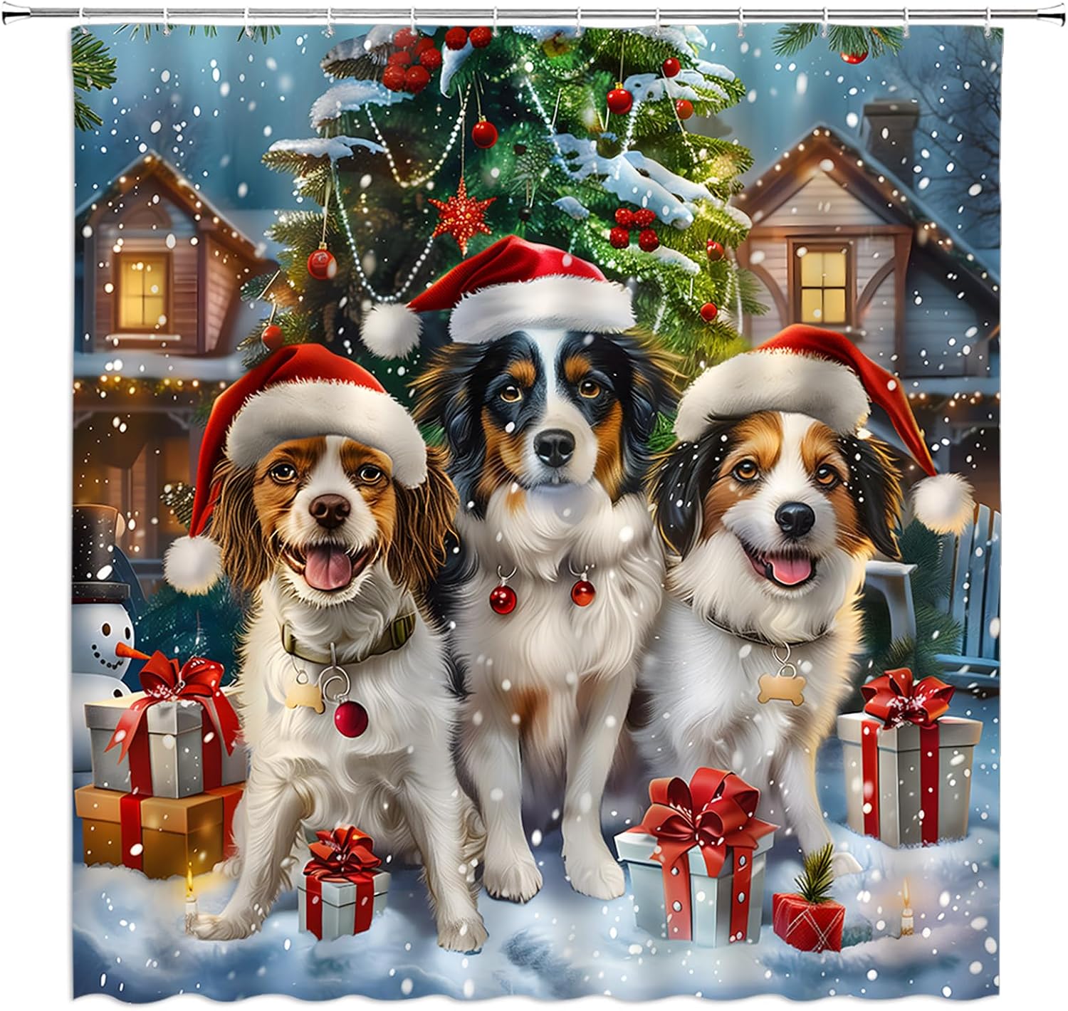 Christmas Dog Shower Curtain Lovely Animal Dogs Colorful Christmas Tree Farmhouse Snowflake Funny Winter Holiday 180" Wx70 H Bathroom Decor Curtain with Hooks
