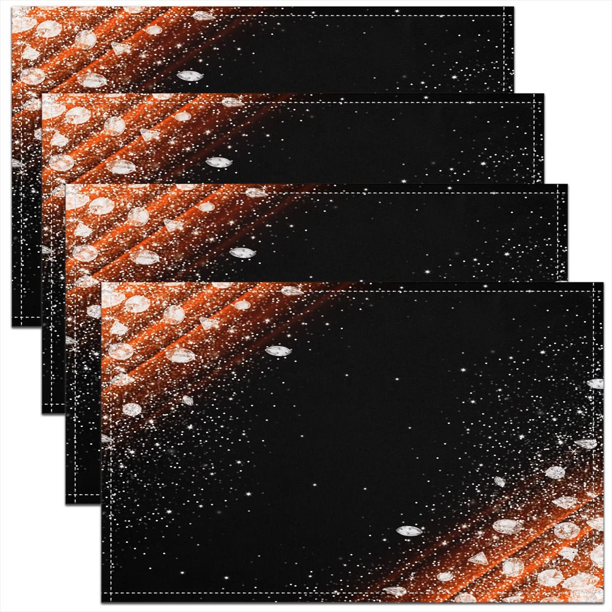 Glitter Placemats Set of 4, Modern Abstract Art Table Place Mats, Orange Black Pattern Placemat for Kitchen Dining Table Indoor Outdoor 45x30cm
