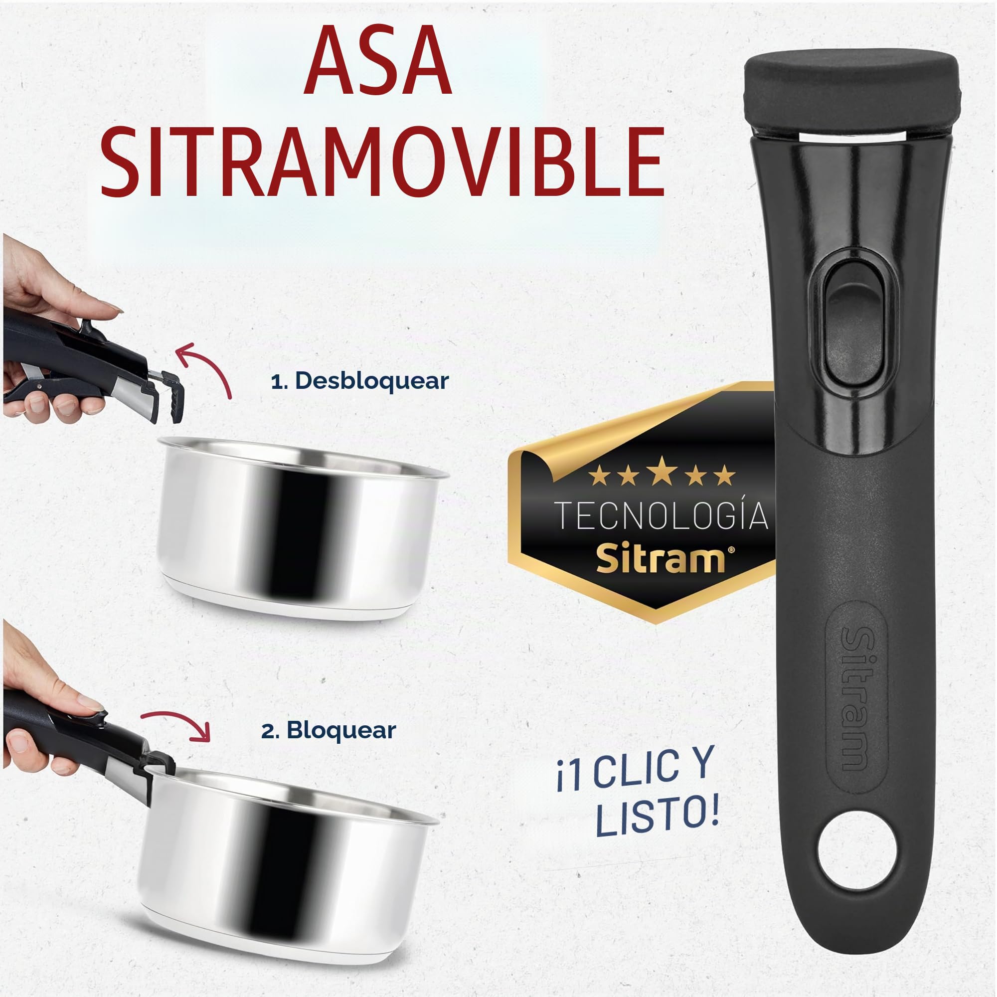 Sitram 713511 Juego Premium de 3 Cazos Inox Ø16/18/20 cm con Mango Extraíble Sitramovible – Acero Inoxidable Triple Capa – Difusión Uniforme – Todos los Fuegos Incluida Inducción
