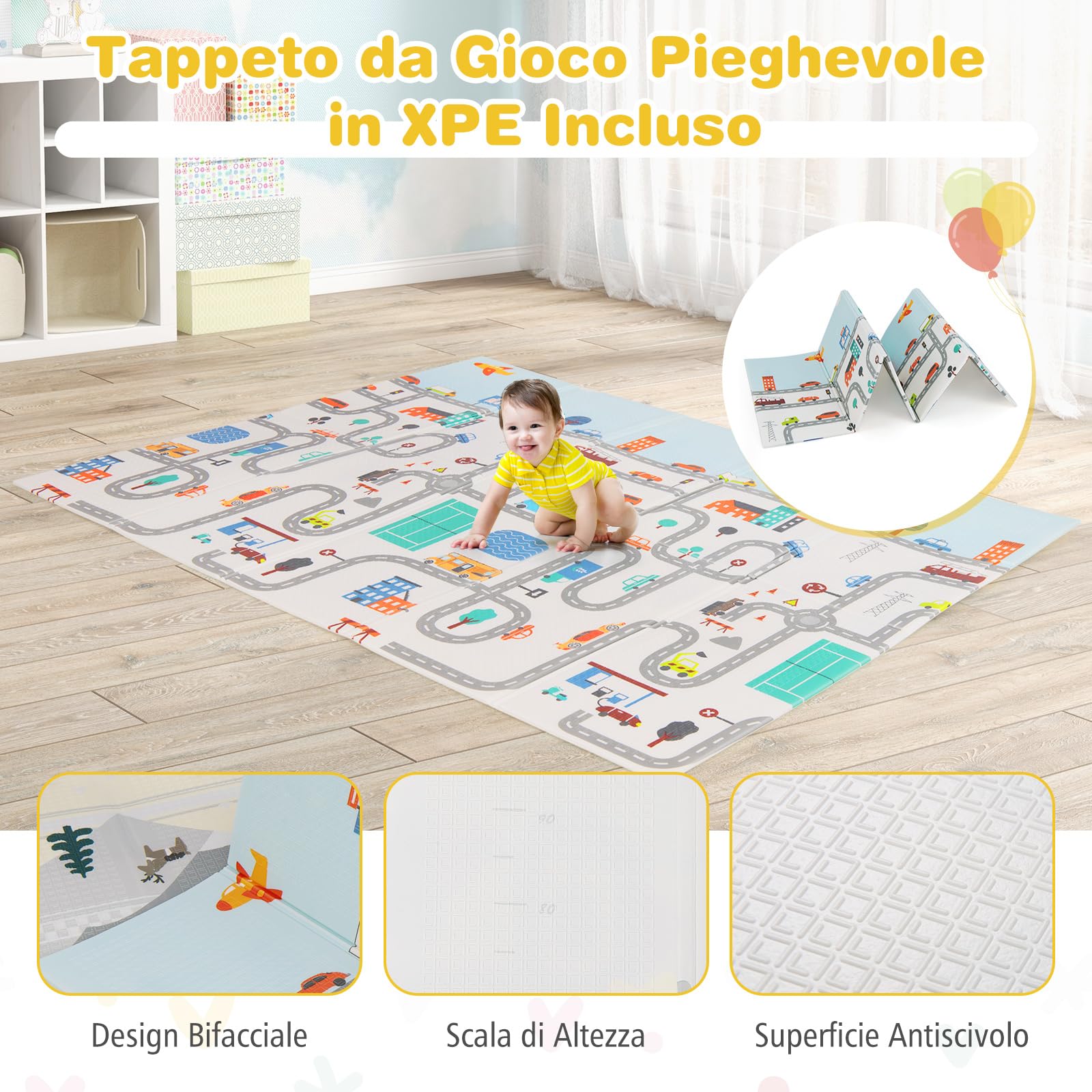 COSTWAY Box per Bambini con Materassino, Recinto per Bambini con 4 Anelli e 50 Palline Colorate, Rete Traspirante, Tasca e Borsa, Box Giochi per Bambino 0-3 Anni (Grigio Chiaro, 189 x 158 cm)