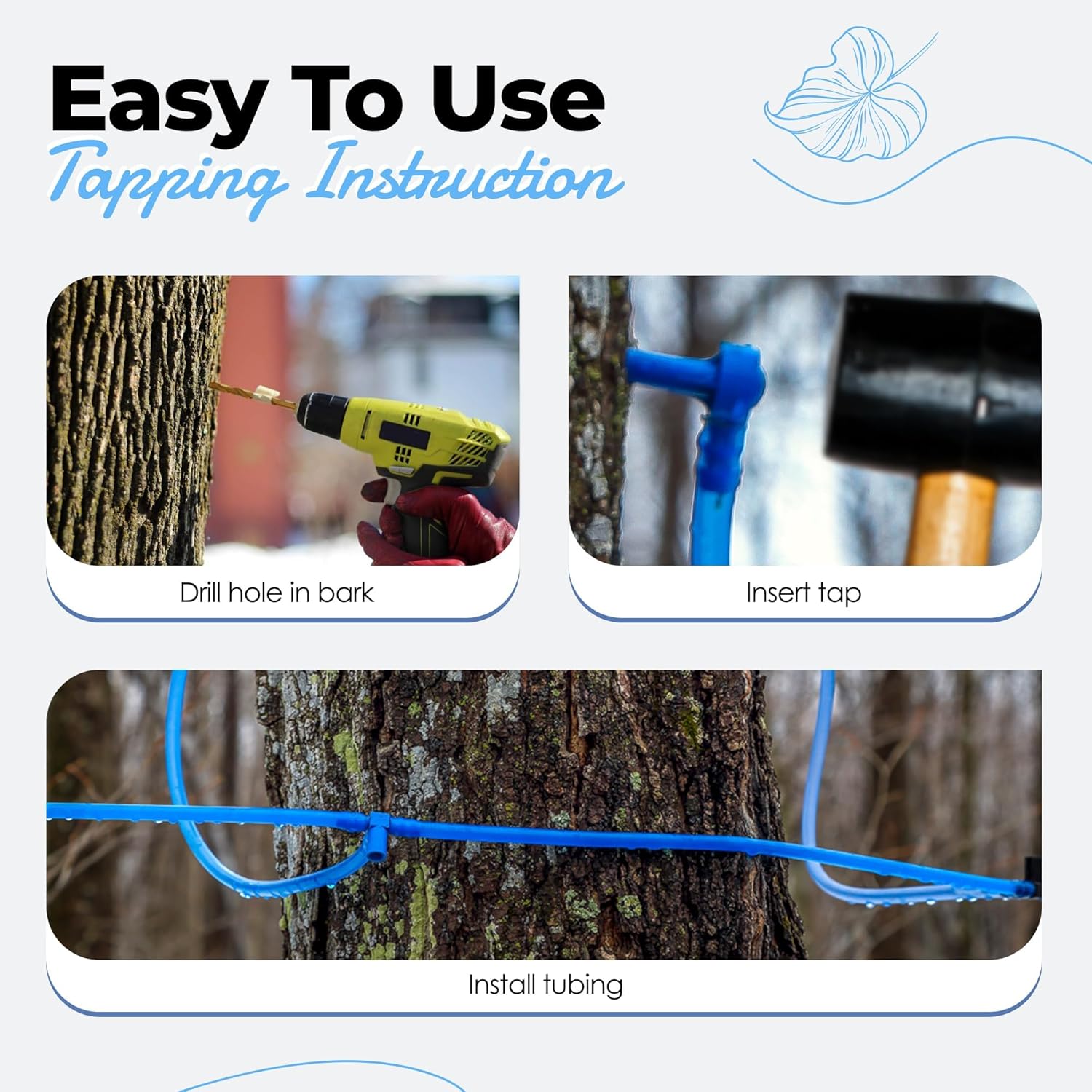 5/16” x 100’ Maple Syrup Tree Tapping Tubing | Food Grade Hose with 10 Bags Caps No Hole, 10 Caps with Hole, 10 Spiles and Drill Bit | Rated for use for 15 Years Made in Canada, Blue