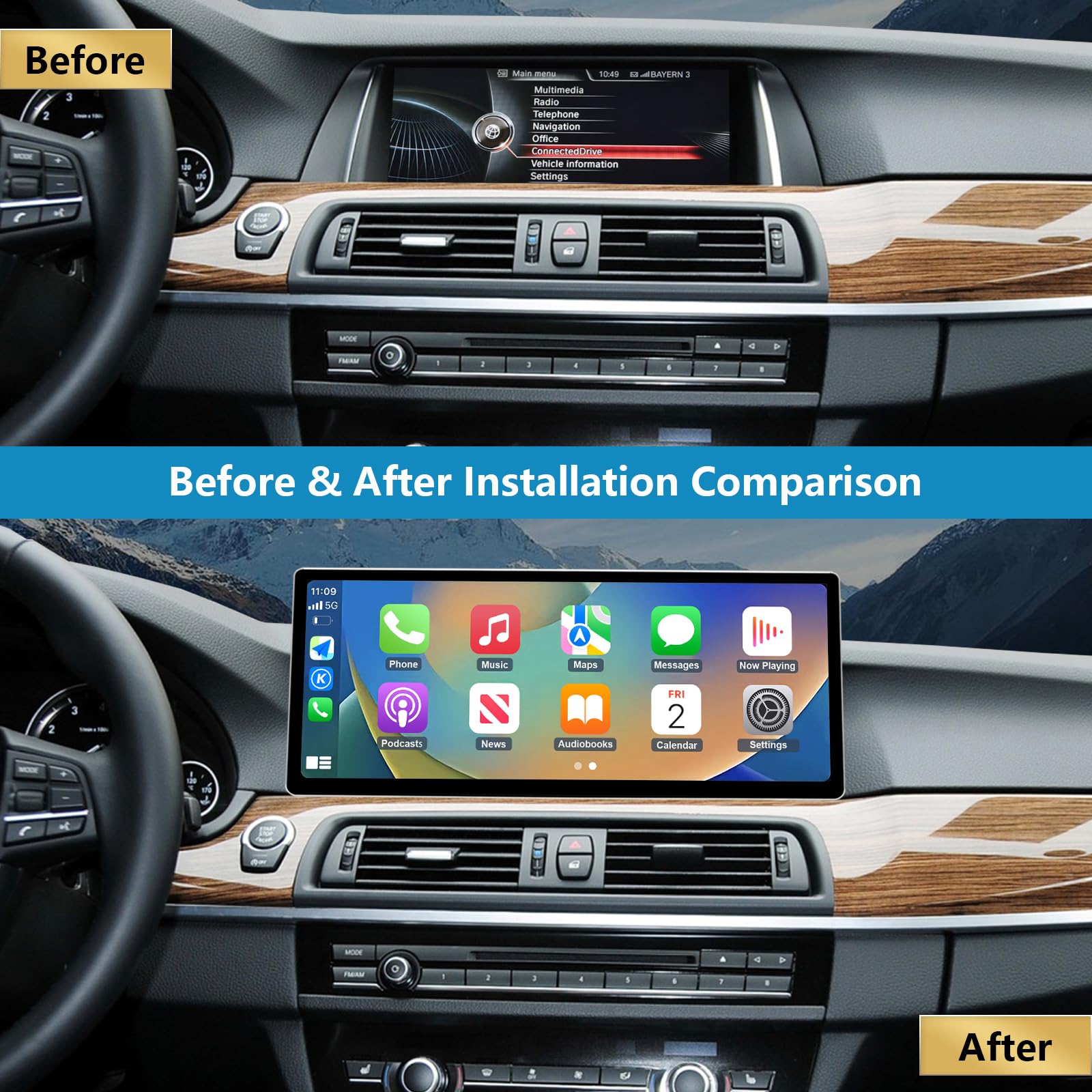 12.3'' Radio samochodowe, Apple CarPlay/Android Auto/Mirrorlink/GPS dla BMW serii 5 F10/F11 z lat 2012-2016 z radiem samochodowym z ekranem dotykowym NBT, nawigacja GPS do samochodu
