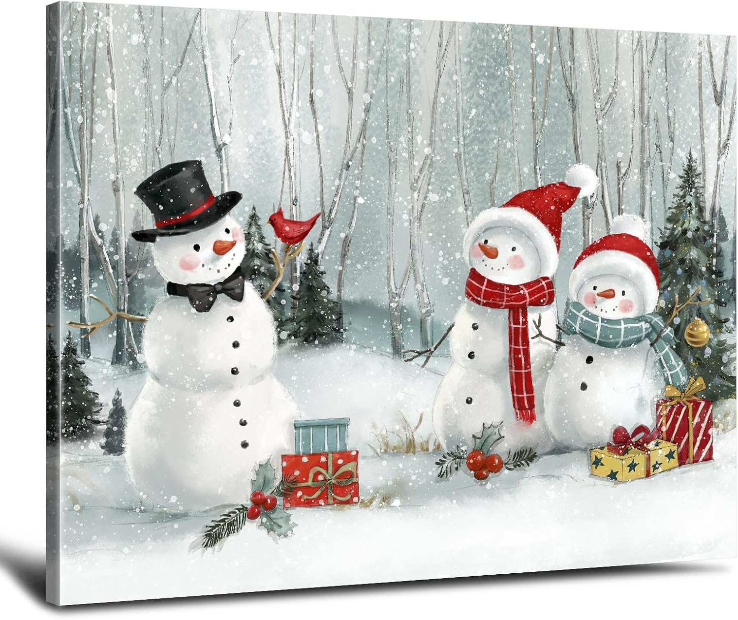 Christmas Snowman Wall Art Decor: Christmas Paintings Canvas Wall Art Prints Winter Scene Cardinal Bird Snowman Picture Wall Hanging Decor Indoor Xmas Holiday Decorations Posters 16"x20" 16"L x 20"W Snowman Family