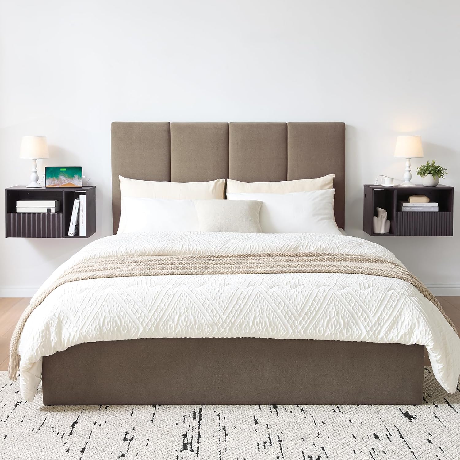 Modern Espresso Fluted Floating Nightstand with Charging Station, NightStand with Drawers, Bedside with USB Ports and Outlets, Bedroom Furniture (Left)