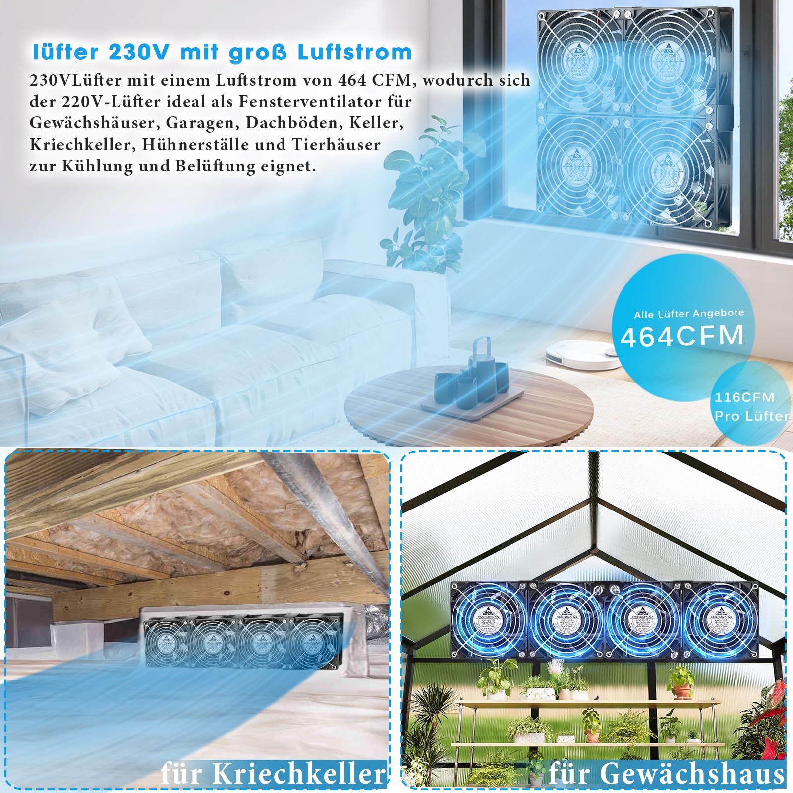 GDSTIME Lot de 4 ventilateurs de 120 mm - 230 V - Grand flux d'air - 120 mm x 38 mm - 220 V CA axial - Avec prise CA 4 V - 12 V - Vitesse réglable pour armoire de serveur et garage