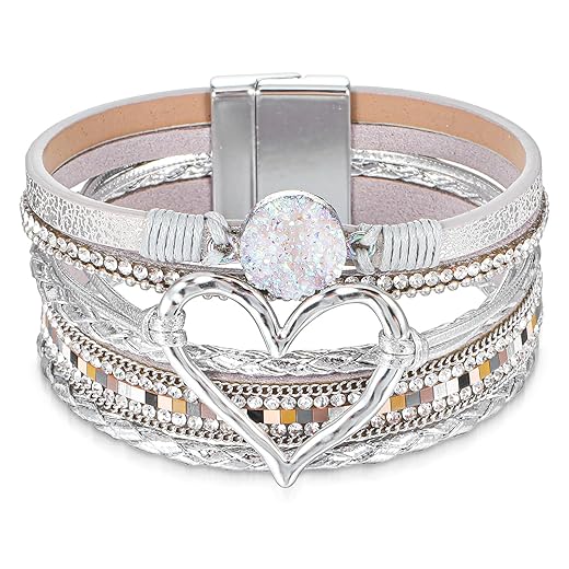 Multilayer Leather Wrap Bracelets for Women Boho Heart Bracelet with Clasp Strackable Bohemian Cuff Bangles Bracelet Fashion Jewelry Gifts for Women (Silver)