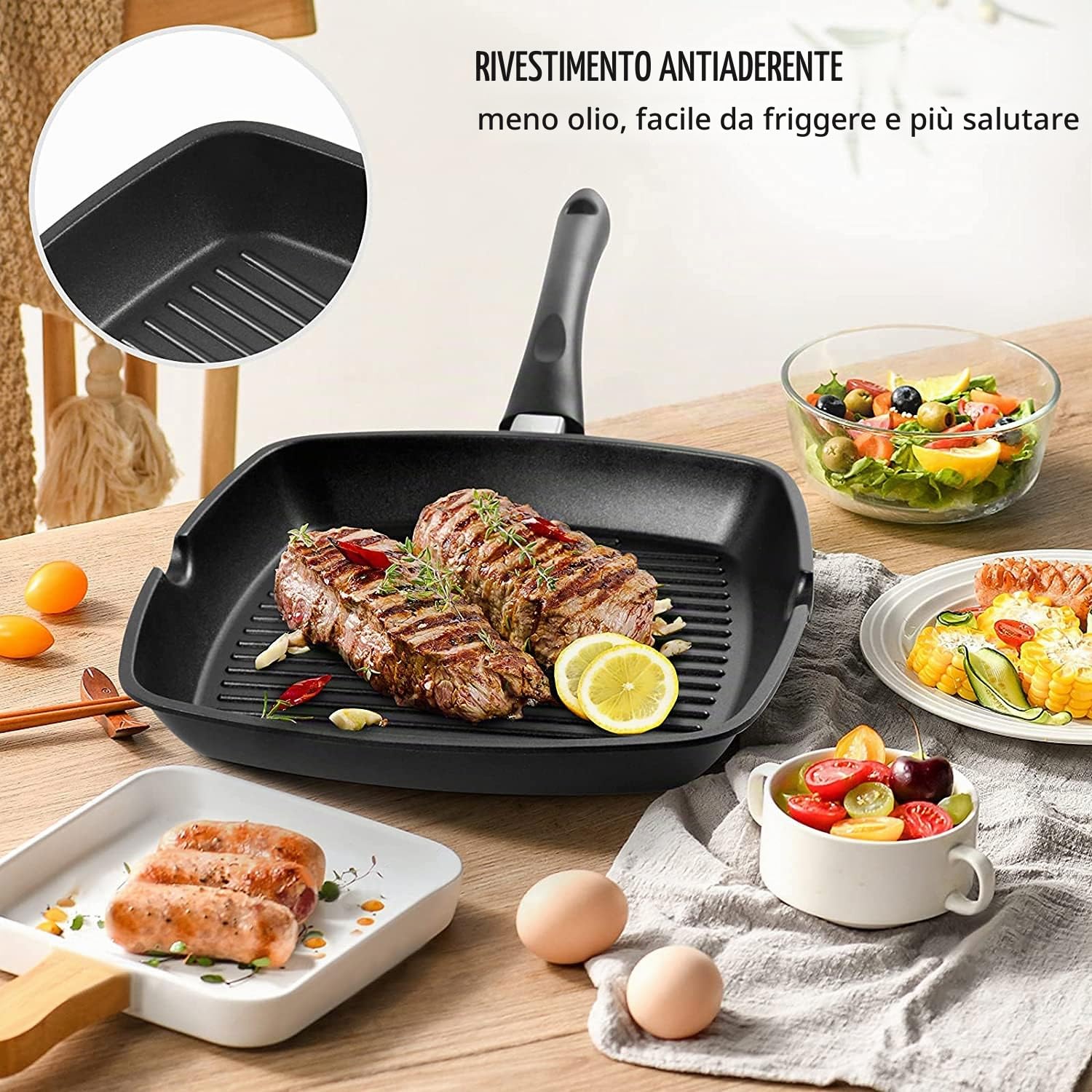 Bistecchiera Antiaderente,28 cm Alluminio Pressofuso Padella Grill per Induzione con Manico datta a Tutti Piani Cottura, Induzione e Forno