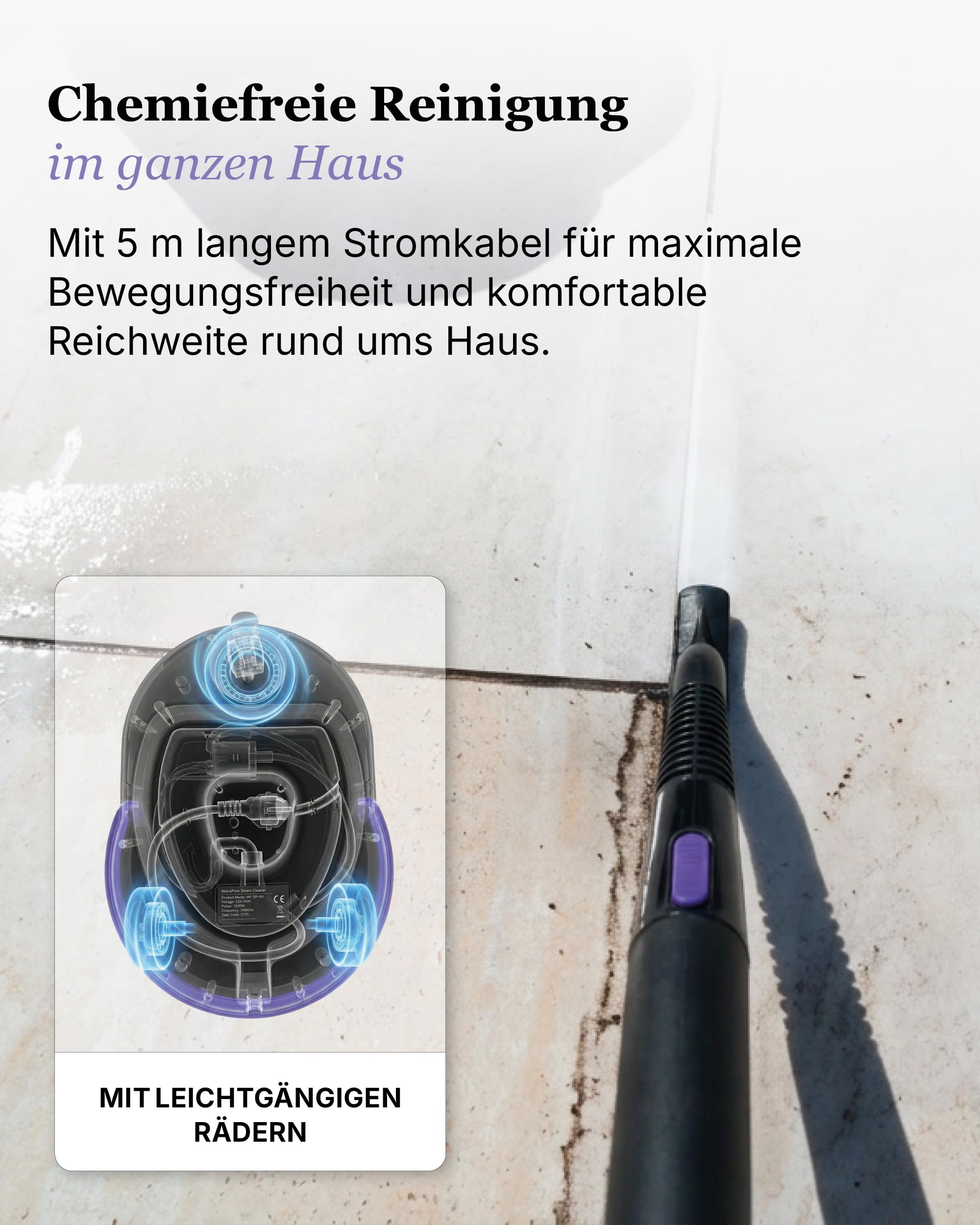 Motionflow PRO Dampfreiniger für alles - 1500W Hochdruck Steam Cleaner mit Edelstahlboiler für Polster, Teppiche, Armaturen und Böden – Dampfbürste mit 13 Aufsätzen, 45 Min Laufzeit, 100°C Dampf