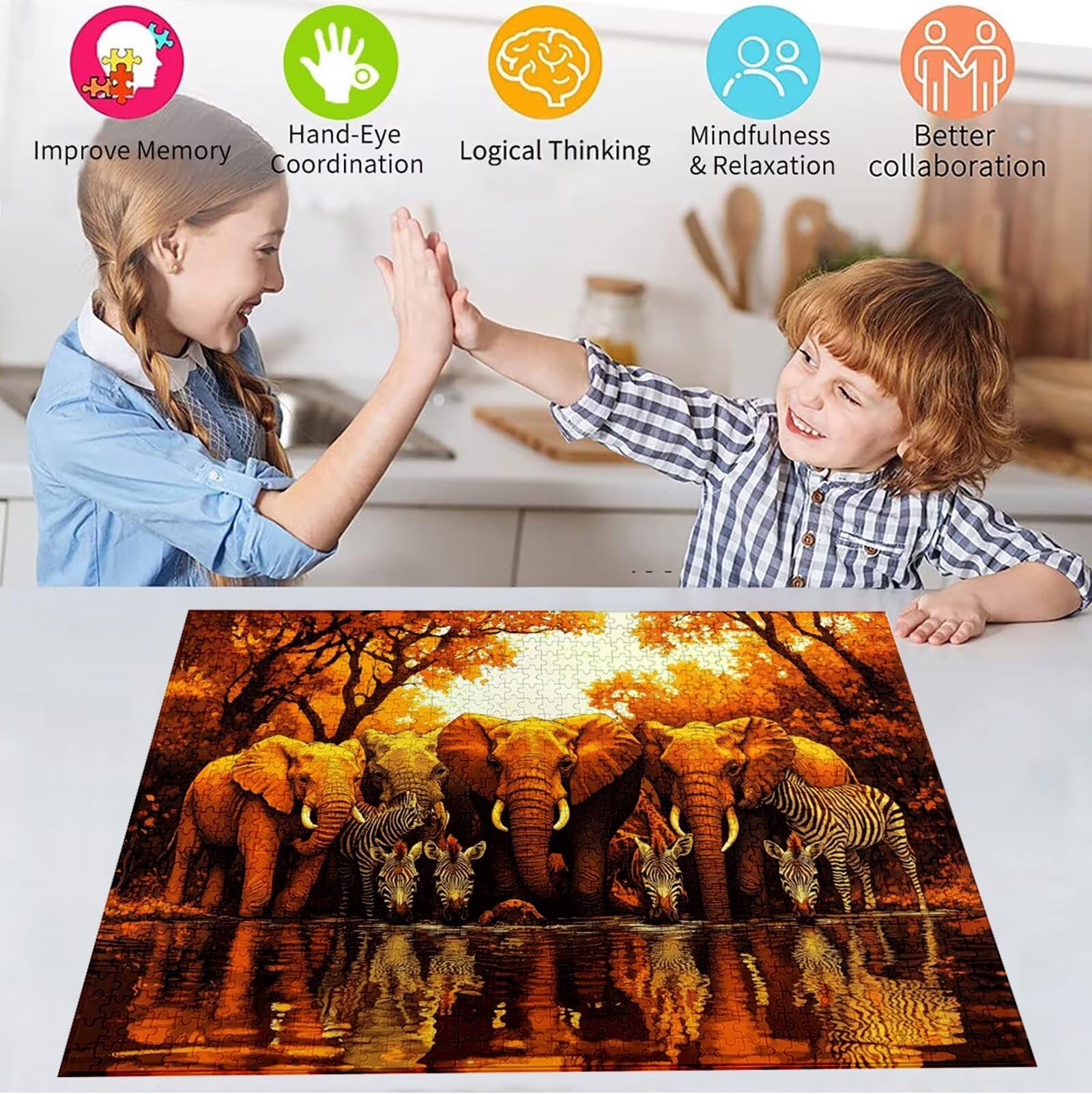 Puzzle 2000 Pezzi, 3 4 5 Anni Puzzle Africa 6 7 8 Anni Giochi Educativi Sostenibili Con Motivi Per Adulti Da Gioco in Legno Di Alta Qualità Jigsaw Elefante per Gioco Familiare, Regalo Natale H-7988