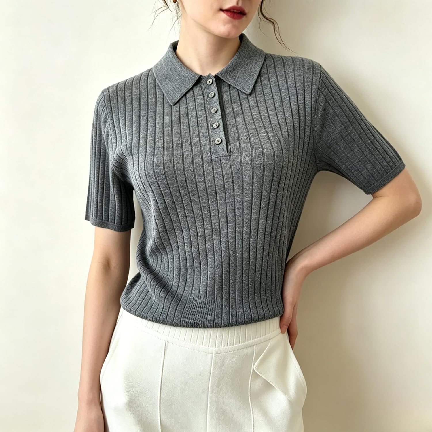 Women's 100% Worsted Merino Wool Ribbed Short Sleeve Polo Neck T-Shirt with Buttons