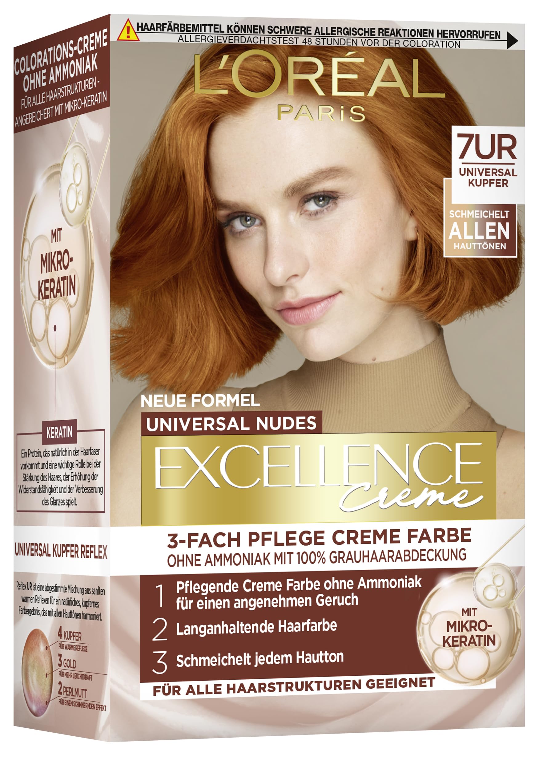 L'Oréal Paris Permanente Haarfarbe für jeden Hautton, Coloration ohne Ammoniak, Universale Nude-Töne mit vollständiger Grauhaarabdeckung, Excellence Creme, Nr. 7UR Universal Kupfer, 1 Stück