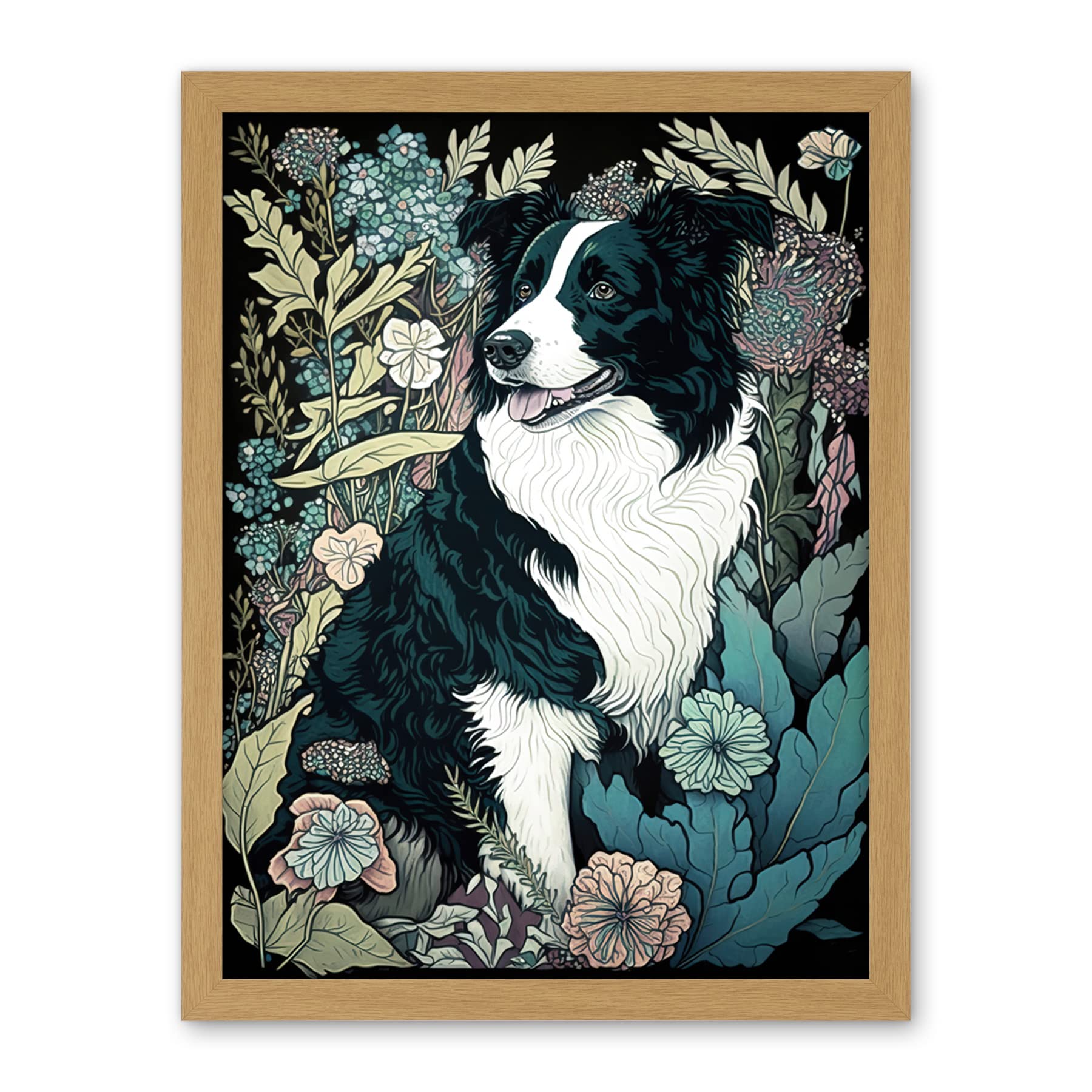 Artery8 Border Collie Dog in Wildflower Field Modern Illustration Artwork Framed Wall Art Print 18X24 Inch
