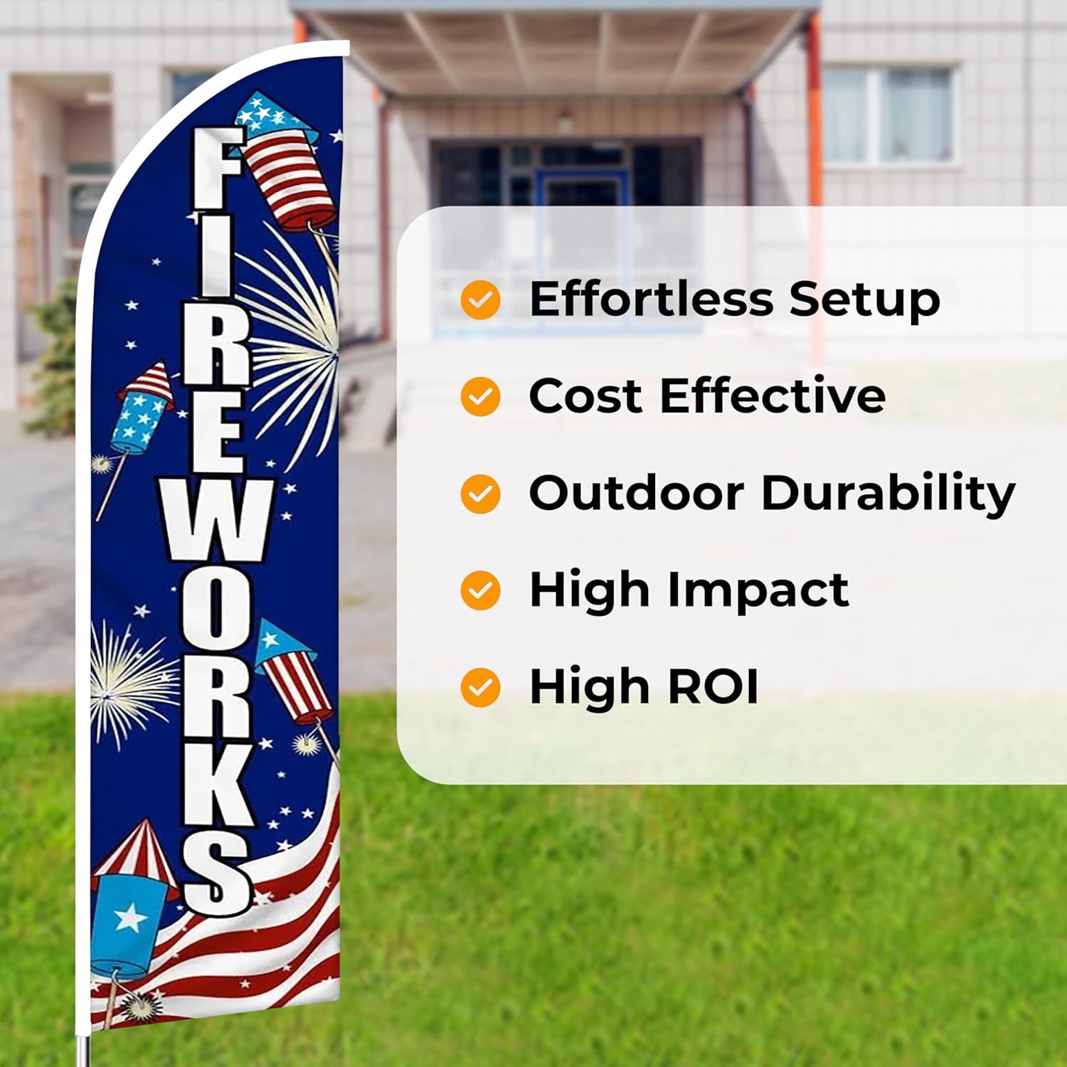 OnPoint Wares Fireworks (USA) King Feather Flag Sign Kit – Pack of 3 | 2.5 ft x 12 ft Outdoor Advertising Flags | Weatherproof Polyester Banner for Business (with Complete Hybrid Pole Set)