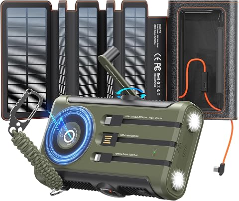 Solar Charger Power Bank 20000mAh with Foldable Solar Panels, Wireless Charging, and Hand Crank Emergency Support