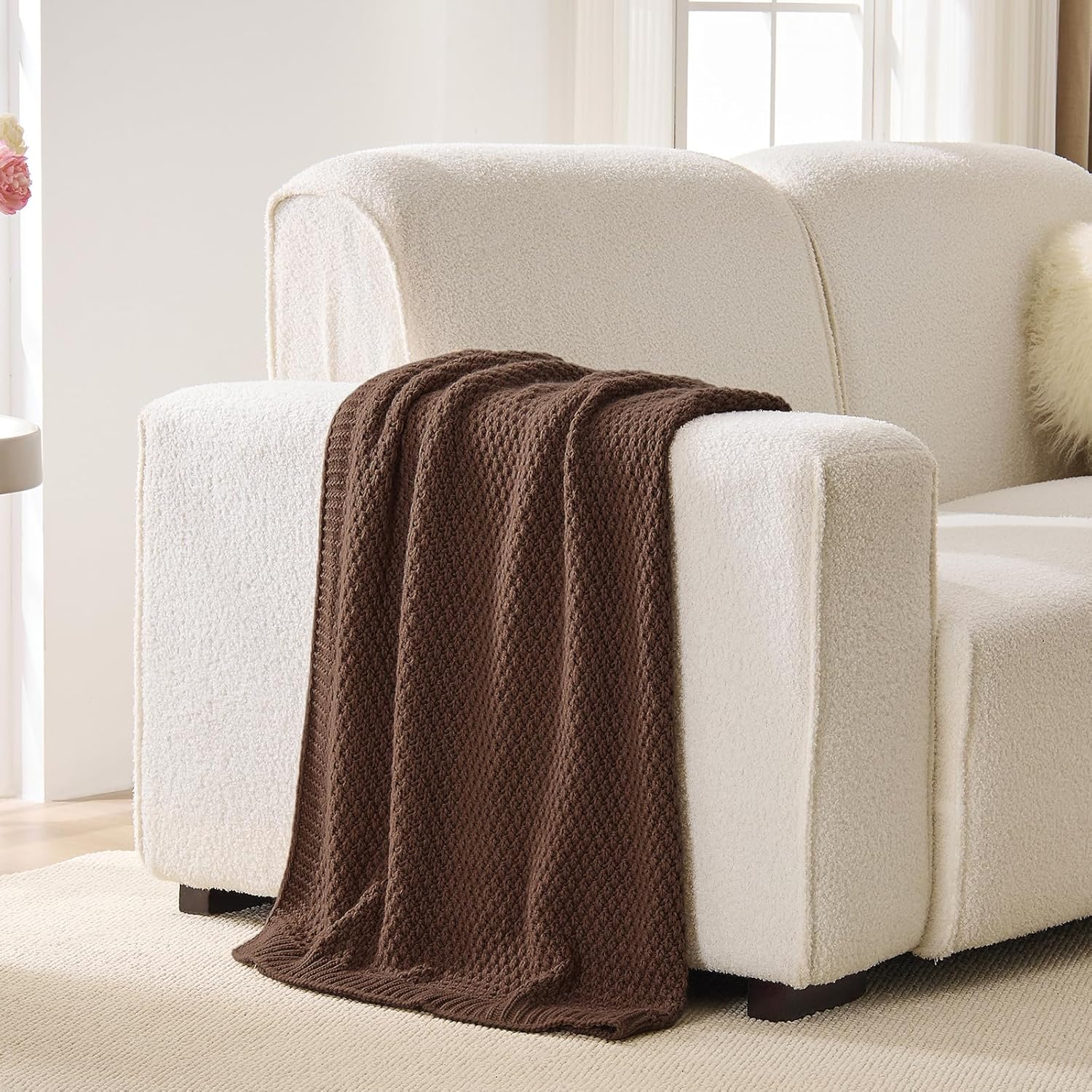 Dark Brown Throw Blanket, Chocolate Knit Throw Blanket for Couch, Soft Cozy Warm Lightweight Decorative Reversible Moss Stitch Knitted Blankets for Bed, 50x60 Inches, Chocolate Brown