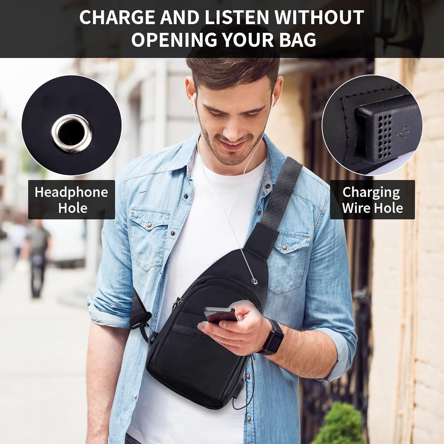 Small Crossbody Bag for Women Men, Sling Bag with USB Charging Port and Headphone Hole, Shoulder Bag, Fanny Pack - Image 2