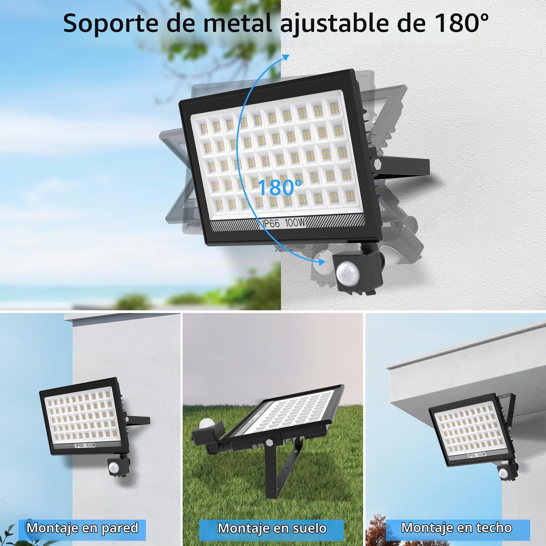 NATPOW 100W Foco LED con Sensor Movimiento 2 Piezas, 11000LM 6000K Proyector LED Exterior con 200 LEDs, IP66 Impermeable Foco con Detector de Movimiento para Garaje Patio Terraza Traseros
