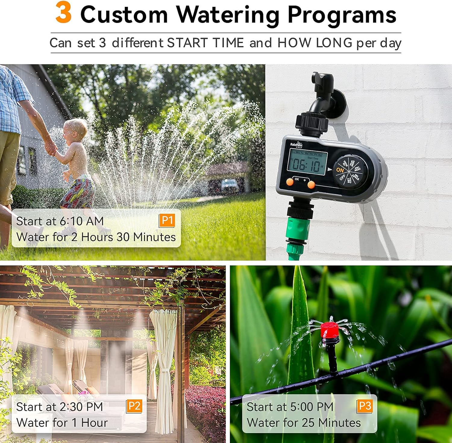 RAINPOINT Sprinkler Timer, Water Timer for Garden Hose Programmable Irrigation Timer with 3 Watering Programs, Week/Day Cycle Frequency, Manual/Automatic Irrigation System Controller, for Lawn Pool : Patio, Lawn & Garden
