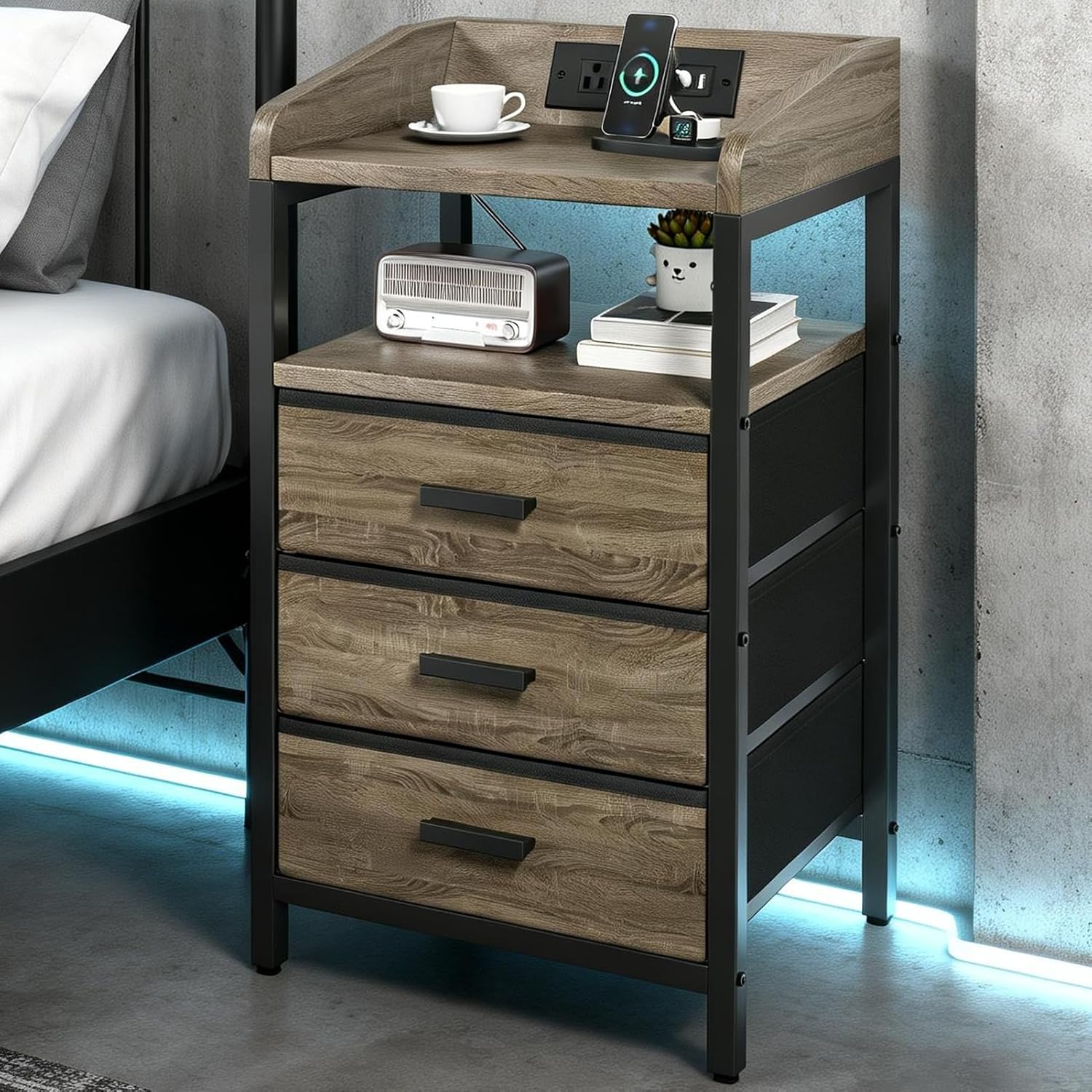 ITEFDTUTNE Nightstand with Drawers Night Stand with Charging Station and led Light Bed Side End Table with Storage for Bedroom Living Room 2 USB Ports and Outlets