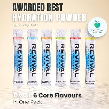 Revival Rapid Rehydration Sachets Electrolytes Powder High Strength Vitamin C, B1, B3, B5, B12 Supplement Sachet Energy Drink, Effervescent Electrolyte Hydration Tablets 12 Pack Assorted Flavours