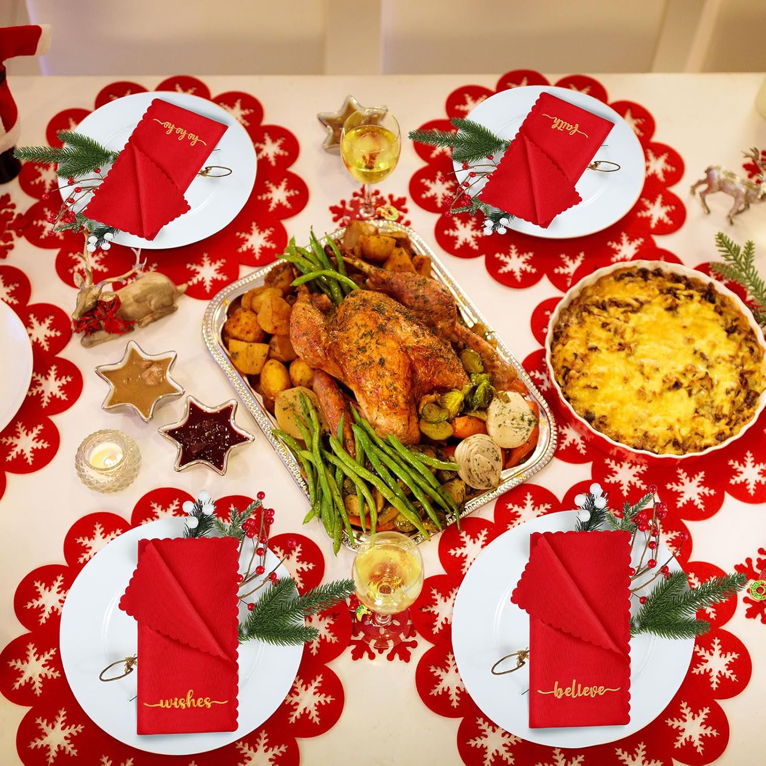 Sliner 12 Pcs Christmas Red Cloth Napkins Set 17 x 17 Inch Embroidered Seasonal Sayings Dinner Fabric Napkins Washable Wishes Grateful Blessed Merry Christmas Napkin for Holiday Kitchen Party