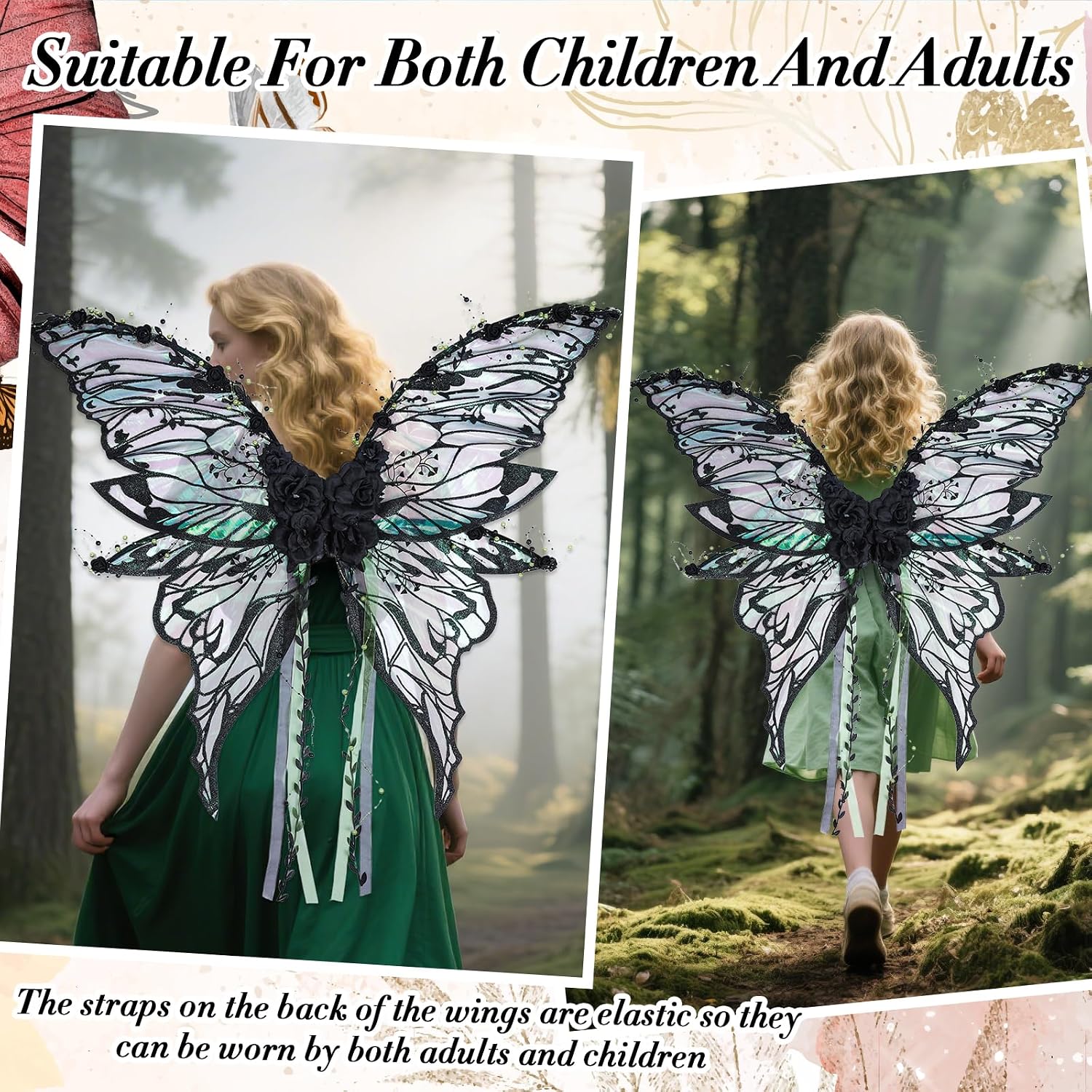 RENEMEGO Fairy Wings Women Adult - Butterfly Wings Renaissance Costume Halloween Renfaire Outfit (Single-Sided Pattern)