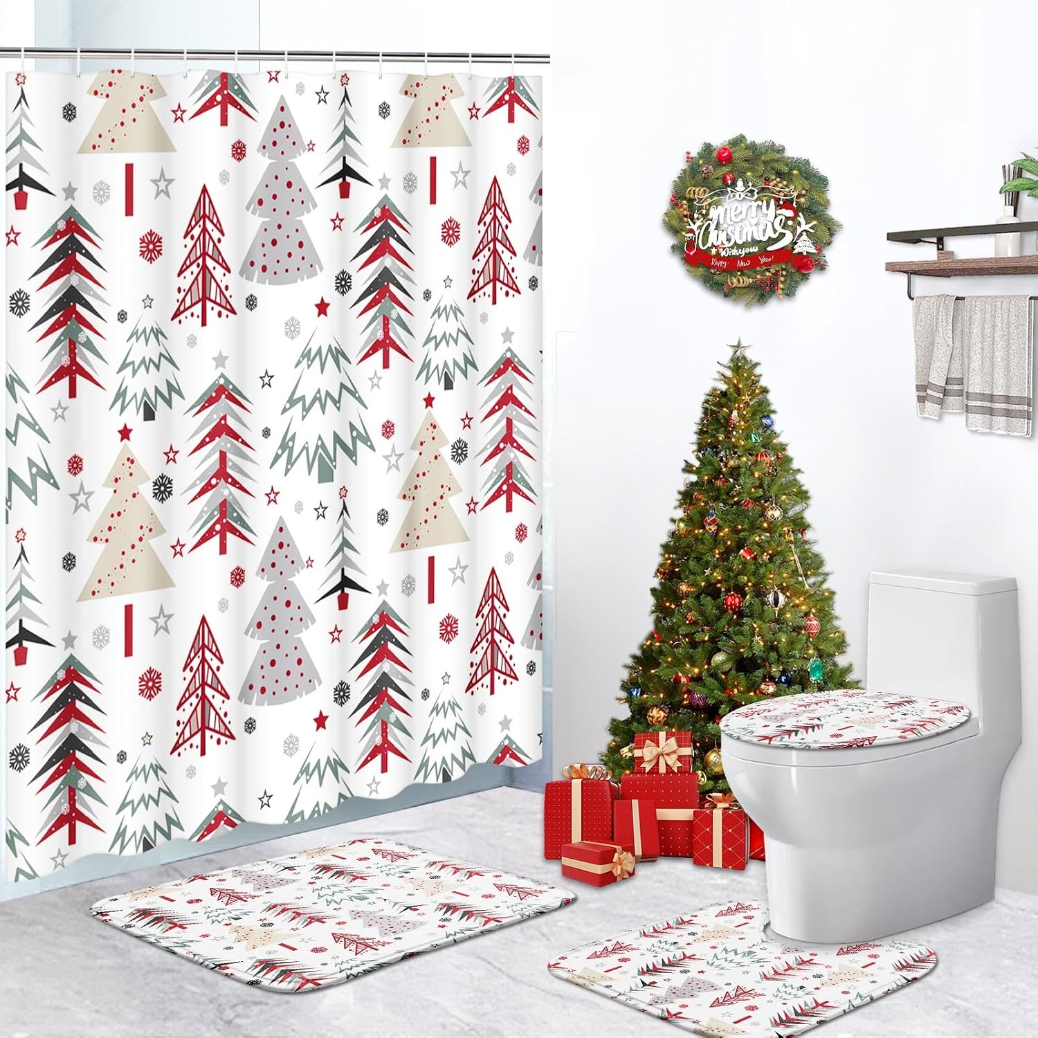 ArtSocket Christmas Trees Bathroom Set with Shower Curtain and Rugs Accessories, Forest Merry Christmas Shower Curtain, Winter Bathroom Decor 4 Pcs