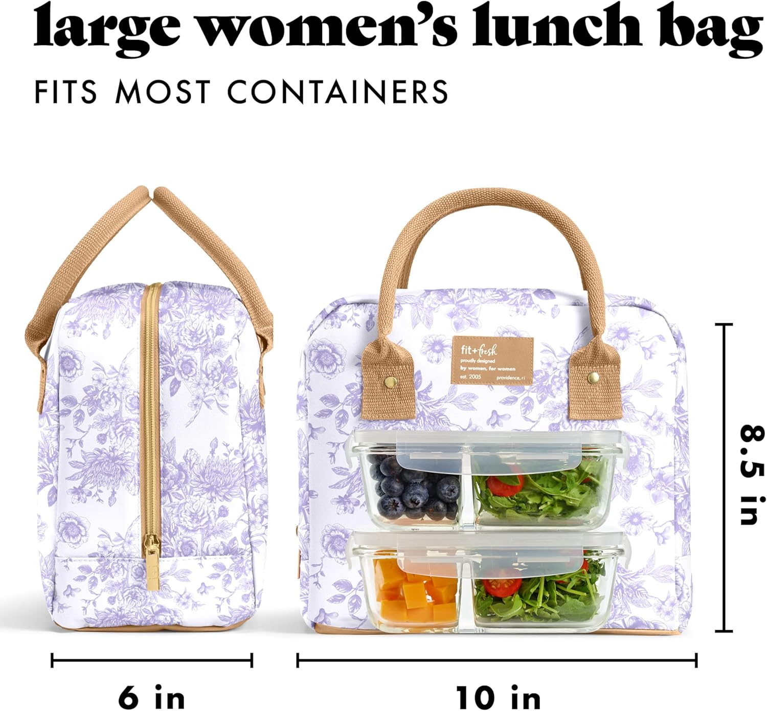 Fit & Fresh Bloomington Lunch Bag for Women - Insulated Large Lunch Box for Work with Containers, Leak-Resistant, Stain-Resistant, Zipper Closure, Lavender Toile - Image 4