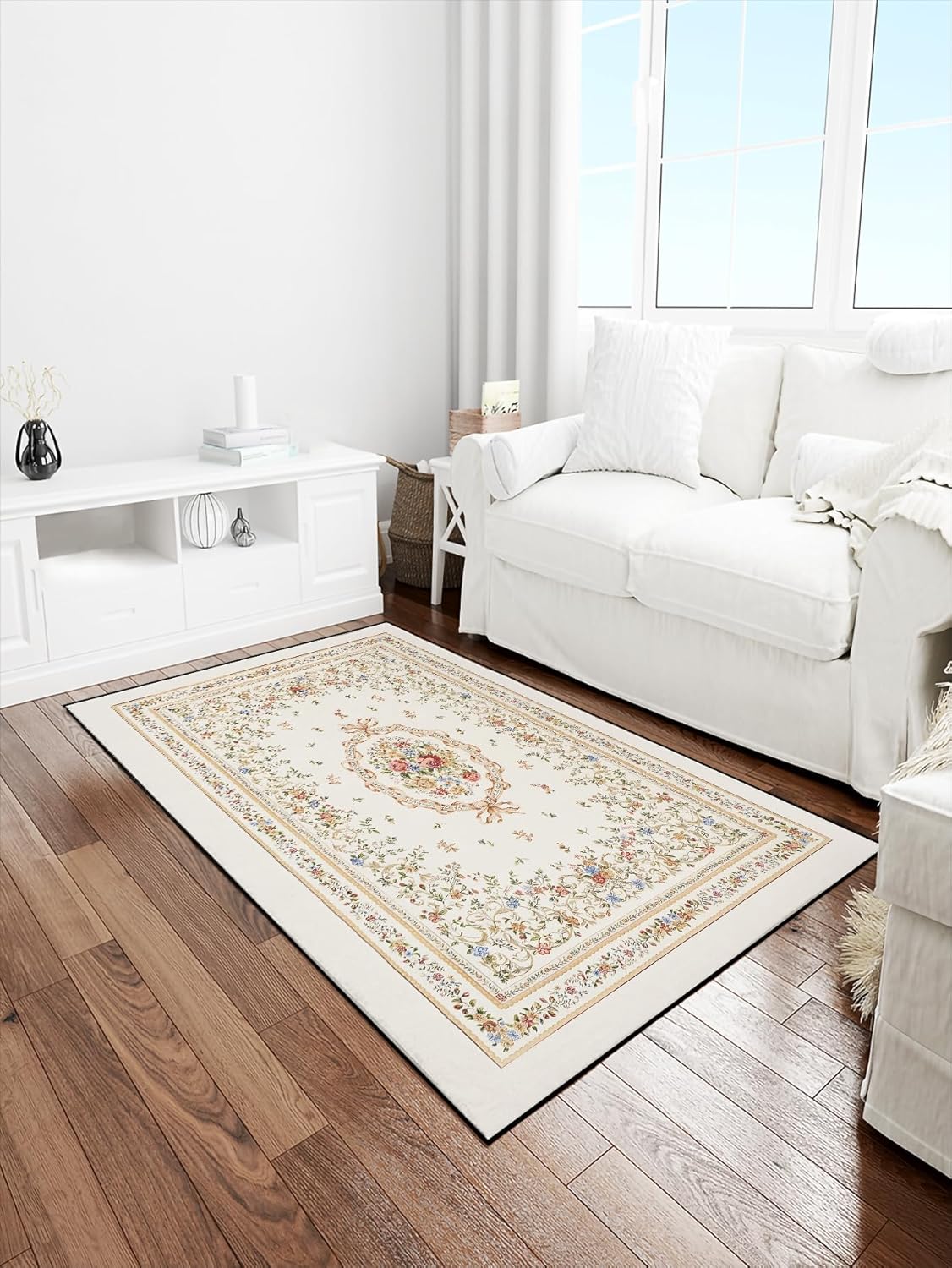 Vintage Floral 5x7 Area Rug - Washable Non-Slip Indoor Throw Rug for Living Room Bedroom - Beige Retro Design