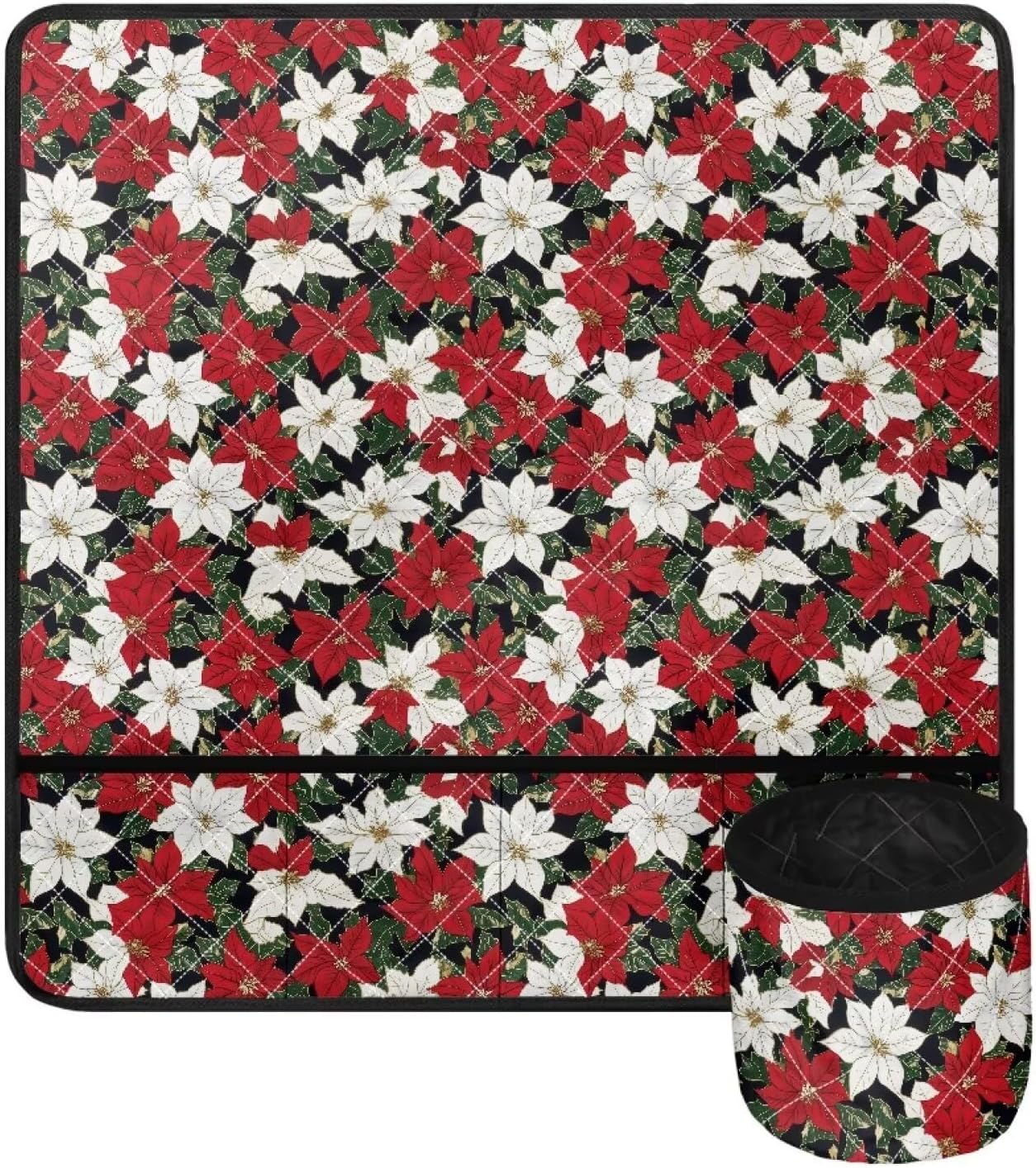 Christmas Flowers Sewing Machine Mat with Small Pockets Thread Holder Pad Organizer for Sewing Machine Accessories Sewing Machine Carrying Pad