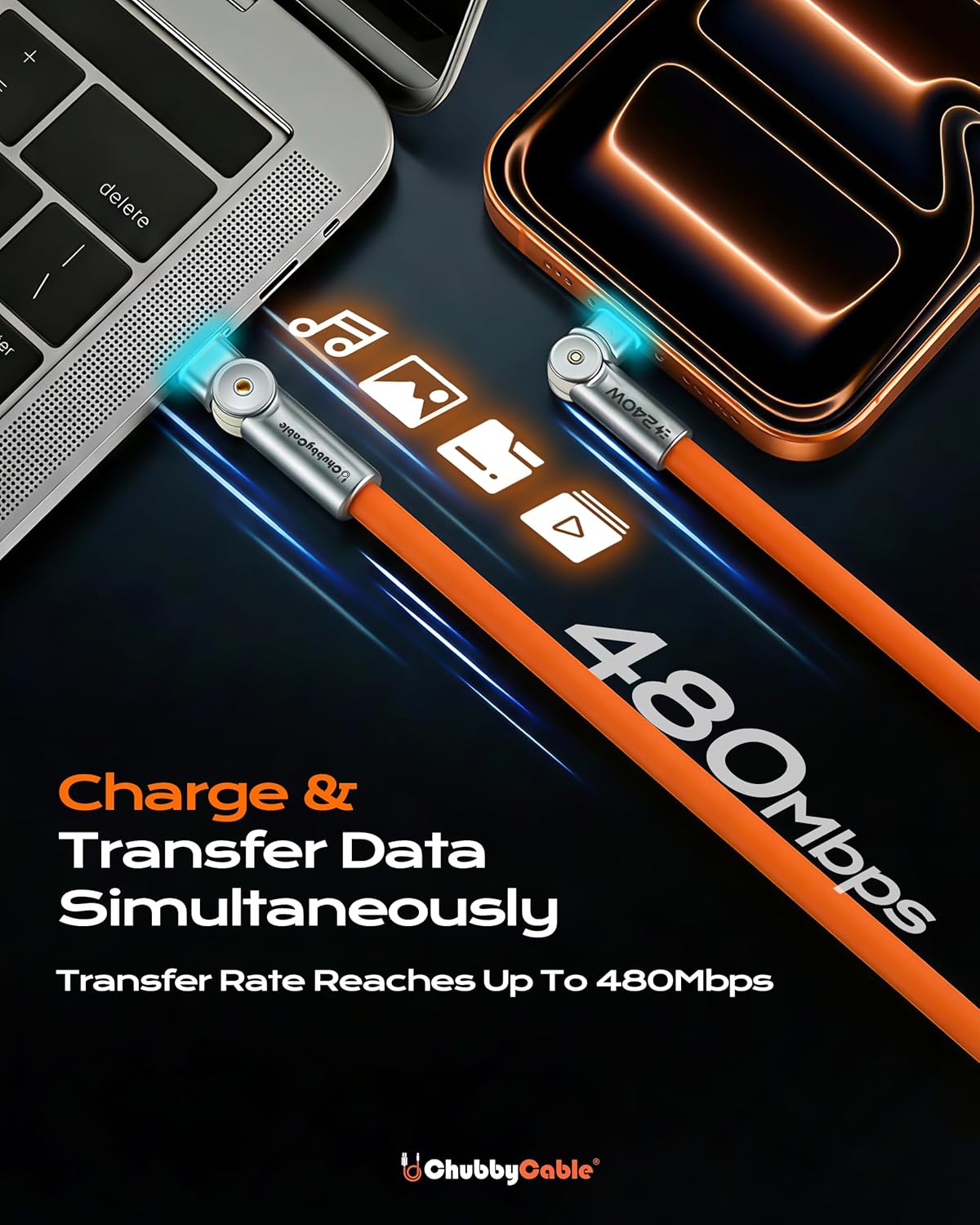 chubbycable Chubby RotateX 240W Dual 180° Rotating Fast Charging Cable with LED Light Soft Silicone USB C Cable Extra Thick Durable Charger Cord, Orange, 6.6ft