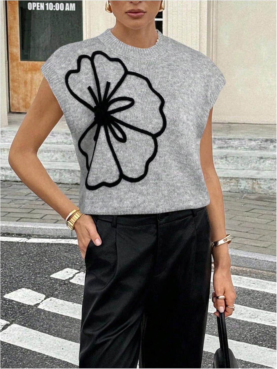 SOLY HUX Women's Short Sleeve Sweater 3D Floral Sweaters Pullover Tank Tops Knit Vest Trendy Fashion Clothing Light Grey Floral Small - Image 4