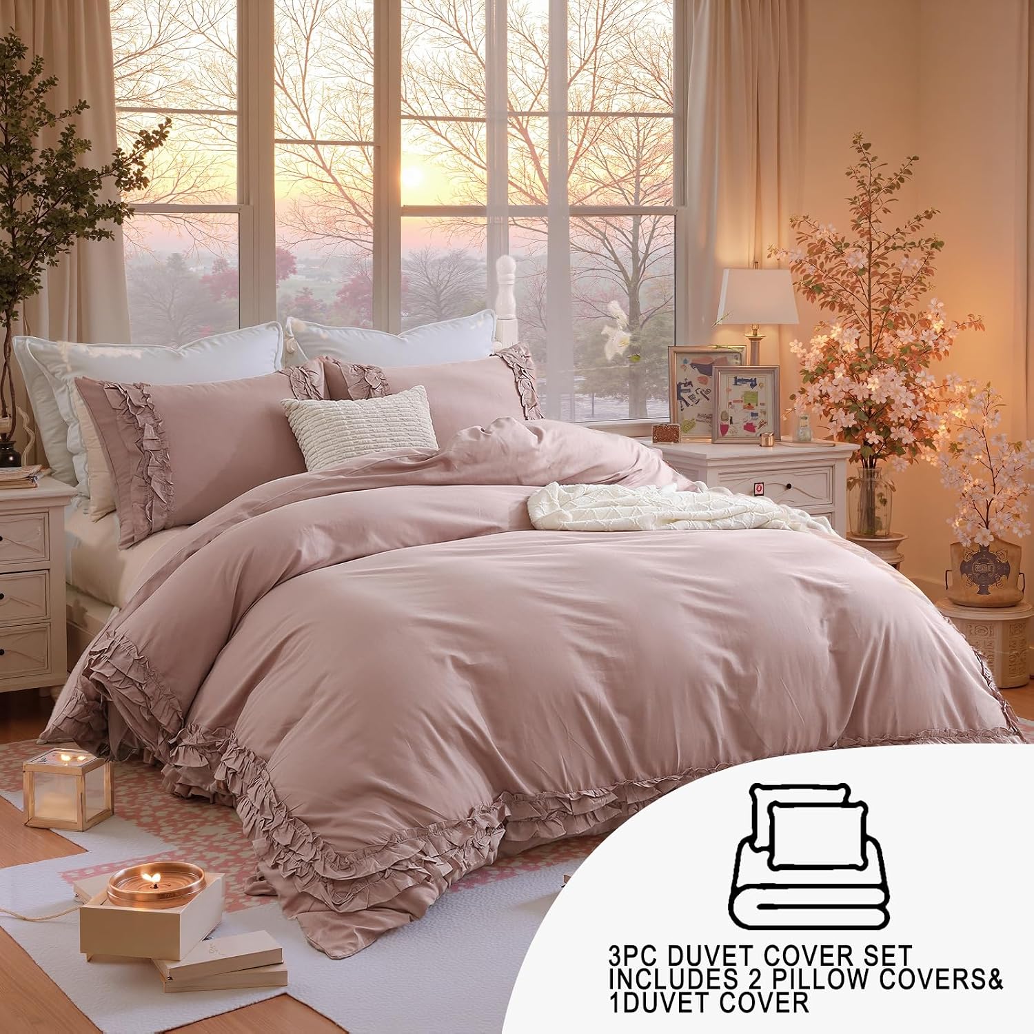 Merryword Red Pink Cotton Ruffled Duvet Cover Set Queen, Vintage Shabby Chic Farmhouse Pink Clay Bedding Set Coquette Aesthetic French Country Comforter Cover