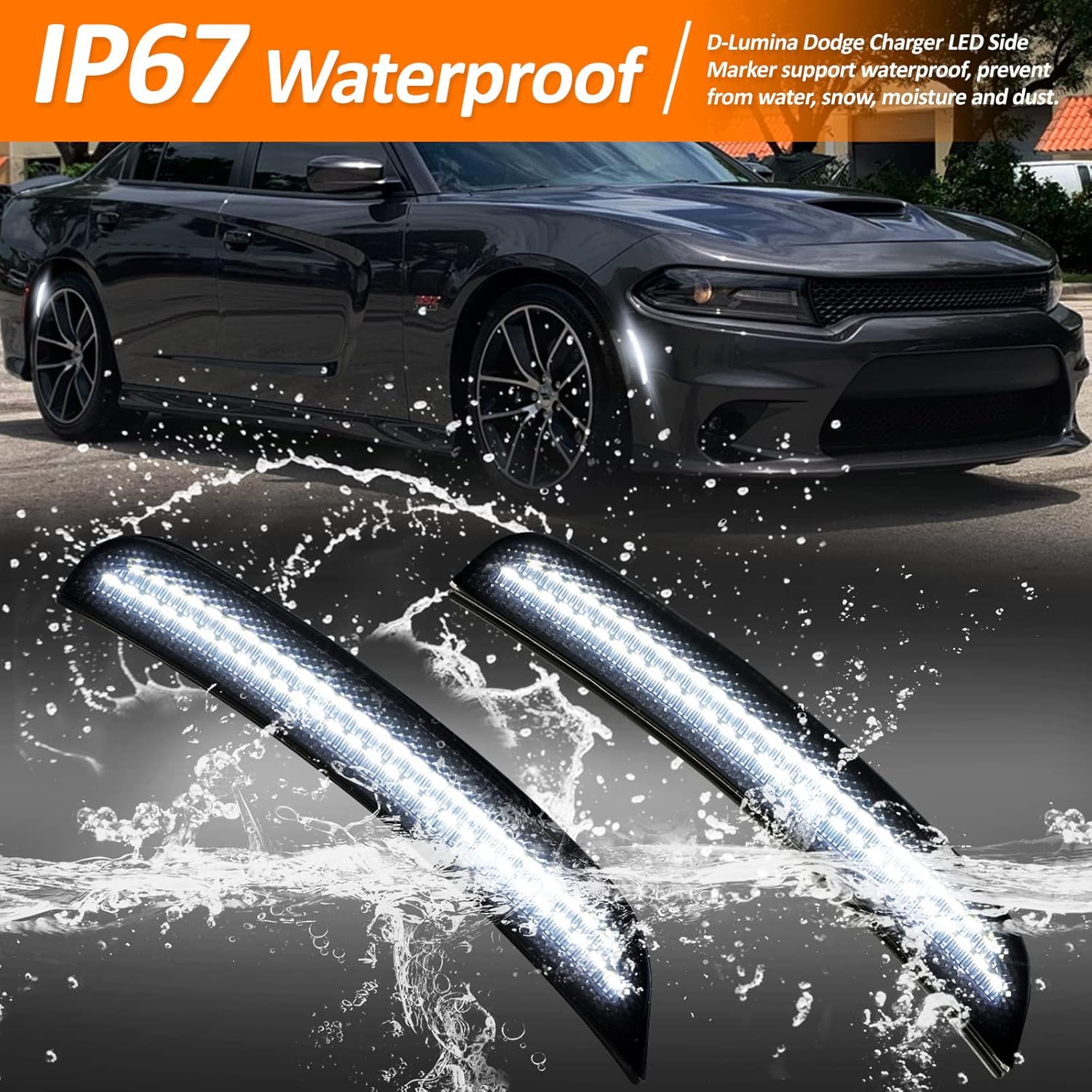 D-Lumina LED Side Marker Lights Smoked Lens Compatible for Dodge Charger 2015 2016 2017 2018 2019 2020 2021 2022, Front & Rear Bumper Sidemarker White, Pack of 4