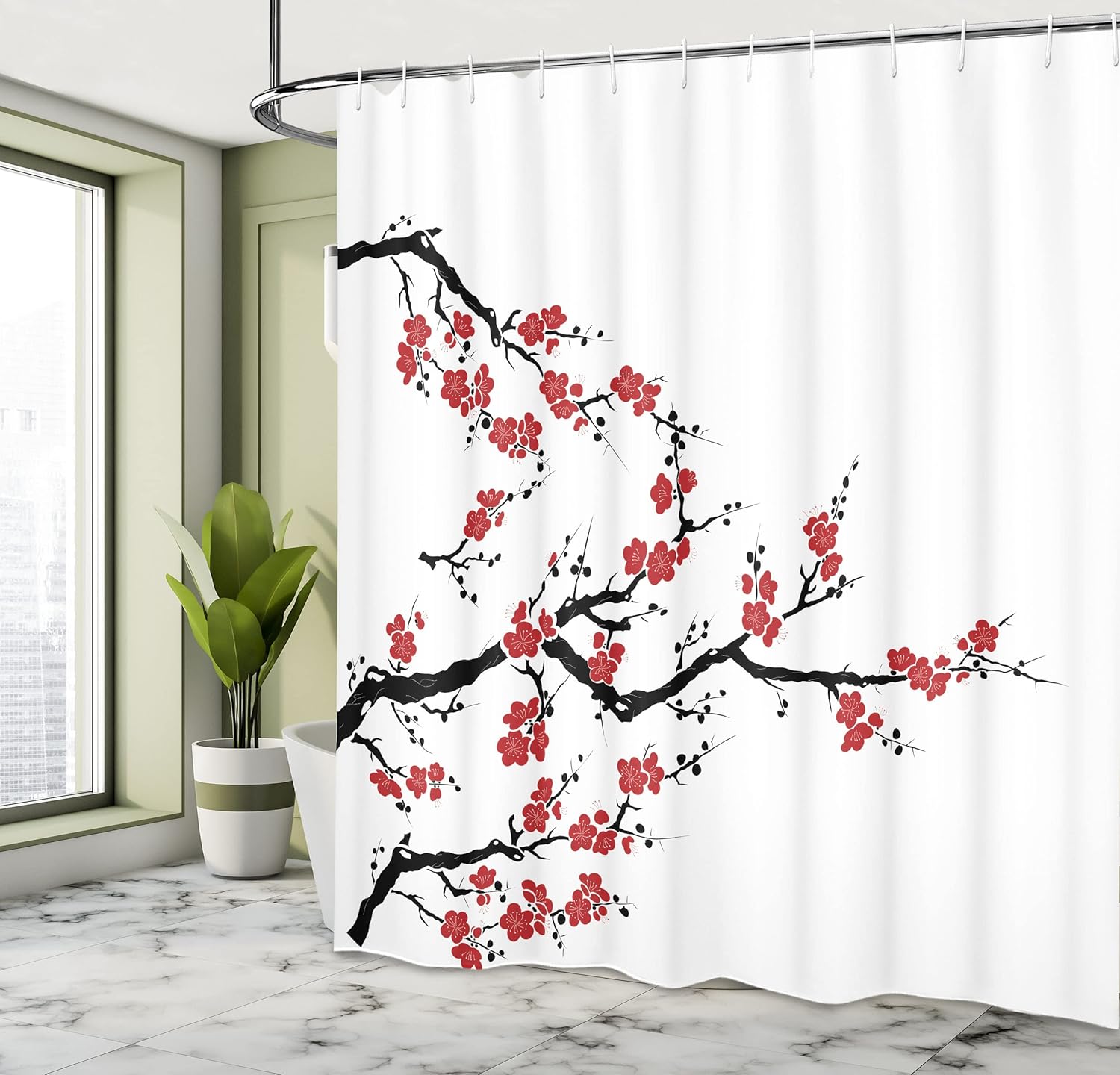 Ambesonne Japanese Shower Curtain, Simplistic Cherry Blossom Tree-Themed Pattern Nature Lines Oriental Art Print, Cloth Fabric Bathroom Decor Set with Hooks, 69" W x 75" L, Cinnamon Red