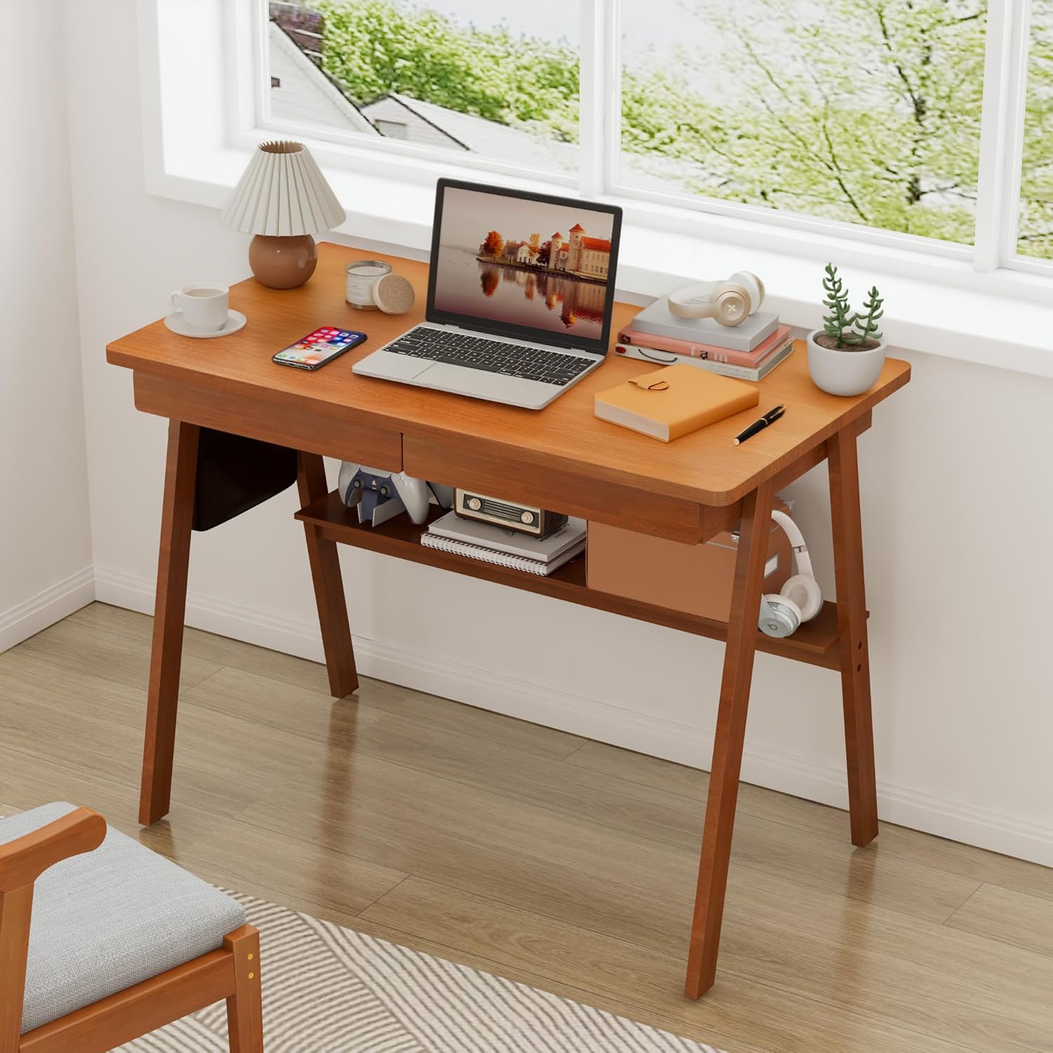 100% Solid Wood Writing Desk - 39.4" Mid Century Modern Home Office Desks, Small Computer Desk for Small Spaces with 2 Drawers and Storage Shelf, Laptop Study Table for Bedroom/Living Room, Walnut