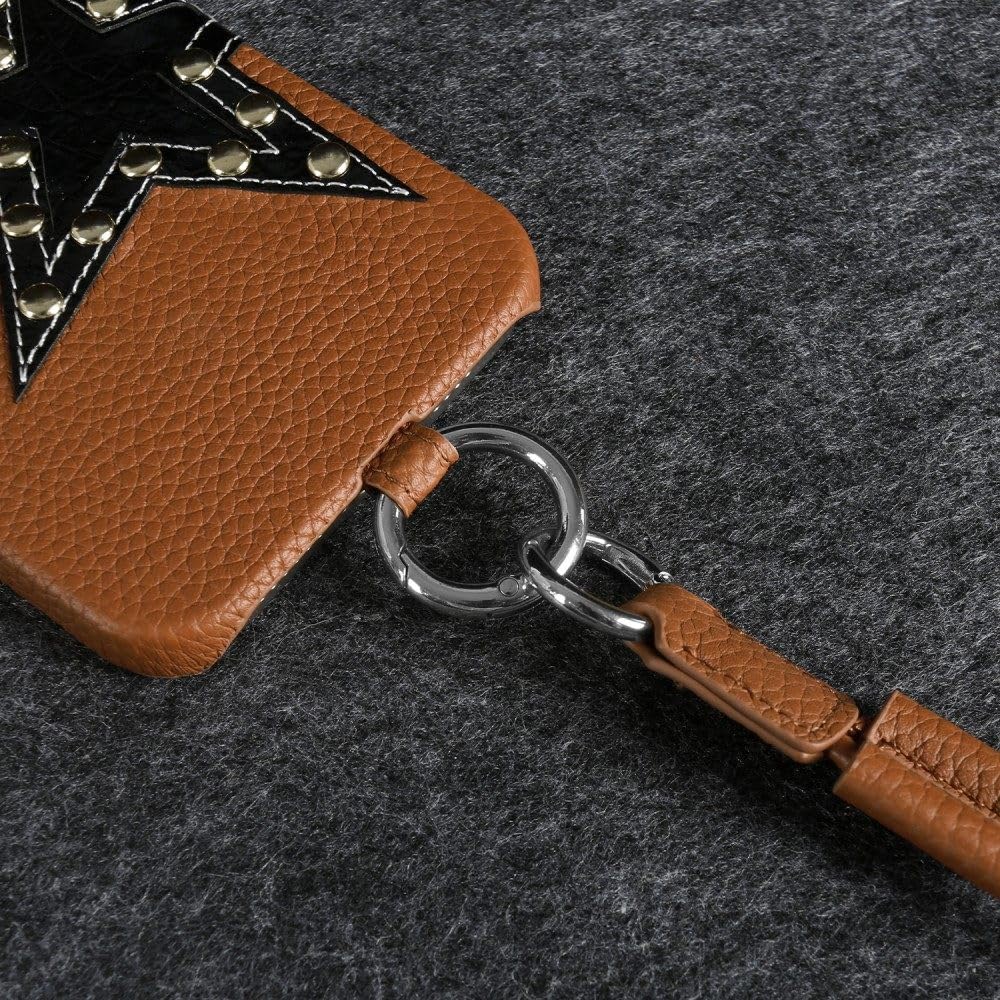 Custodia in pelle con design a stella per iPhone 16 Pro Max 15Pro 11 13 12pro 14Pro con tracolla e cordino, per telefono, color cachi, per iPhone 16