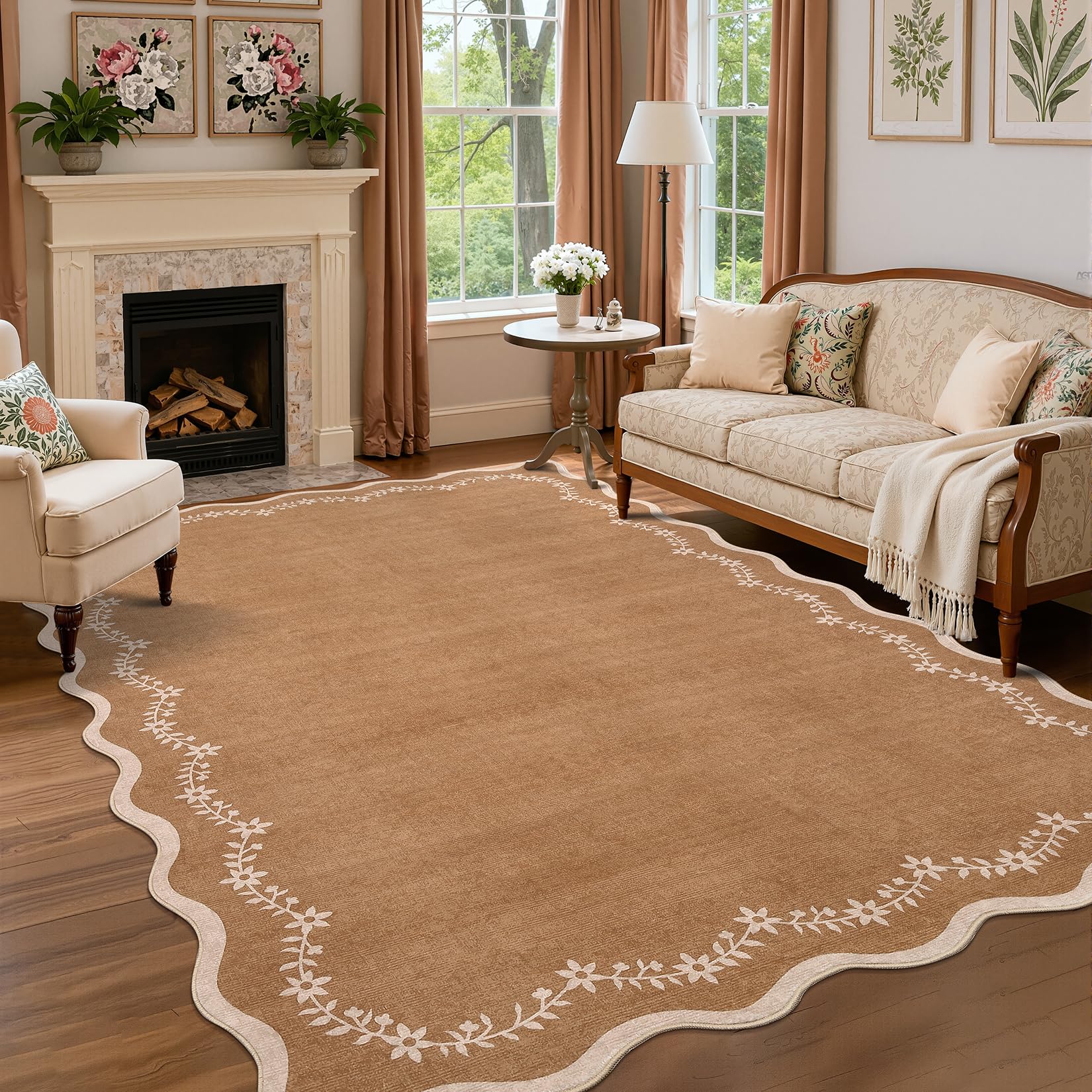 FairyStyle Scalloped Brown Large Rugs Living Room, Washable 160 x 230 cm