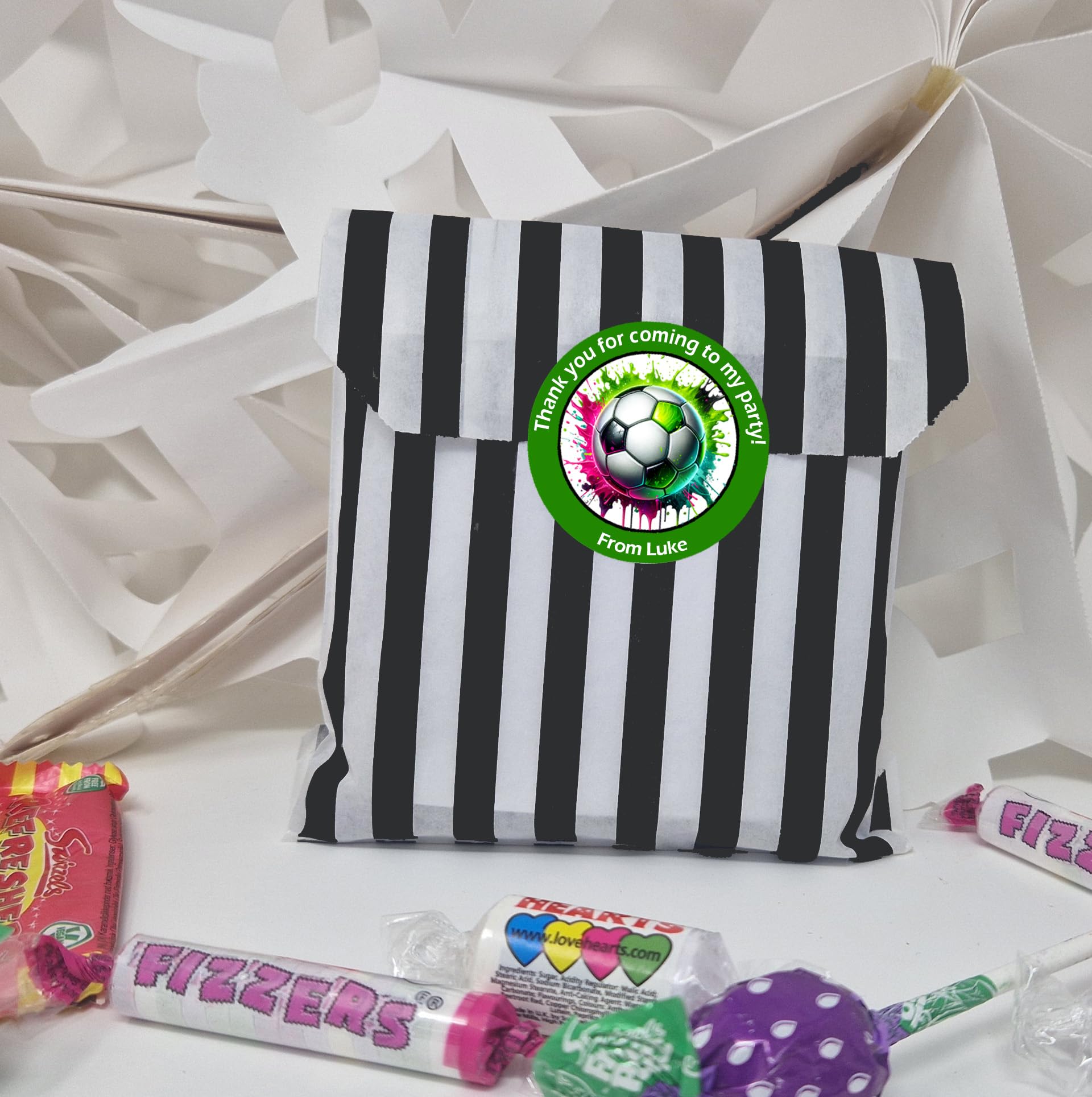 Treasured Forever Limited Green Personalised Football Party Stickers X 24 (45Mm) Round Labels For Party Bags, Favours Or Sweet Cones – Football Themed Birthday Decoration - 24 Stickers With 24 Empty Bags
