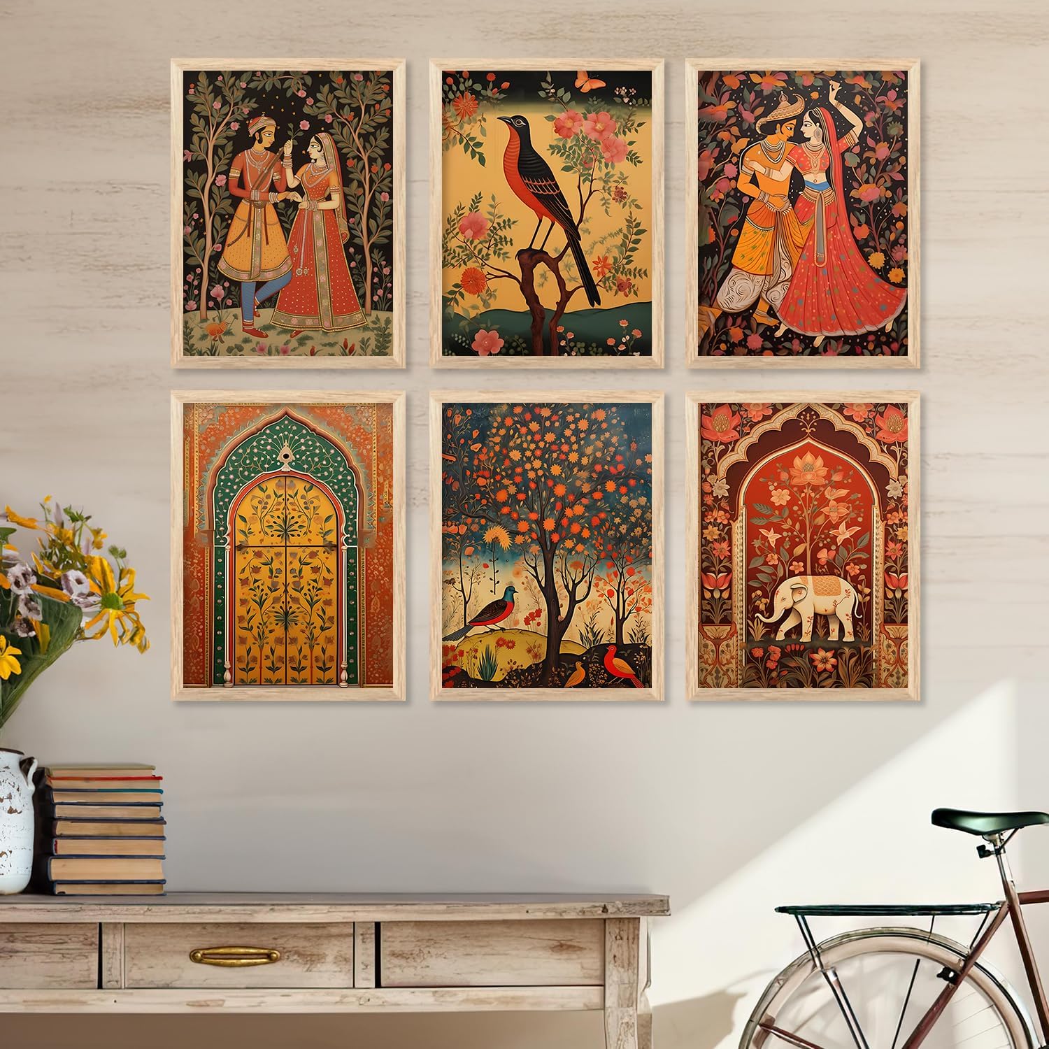 kotart Traditional Art Wall Painting Madhubani Home Decoration With Frame For Living Room Bed Room Hotel Wall Decor Digital Reprint Engineered Wood Set of 6 (S)