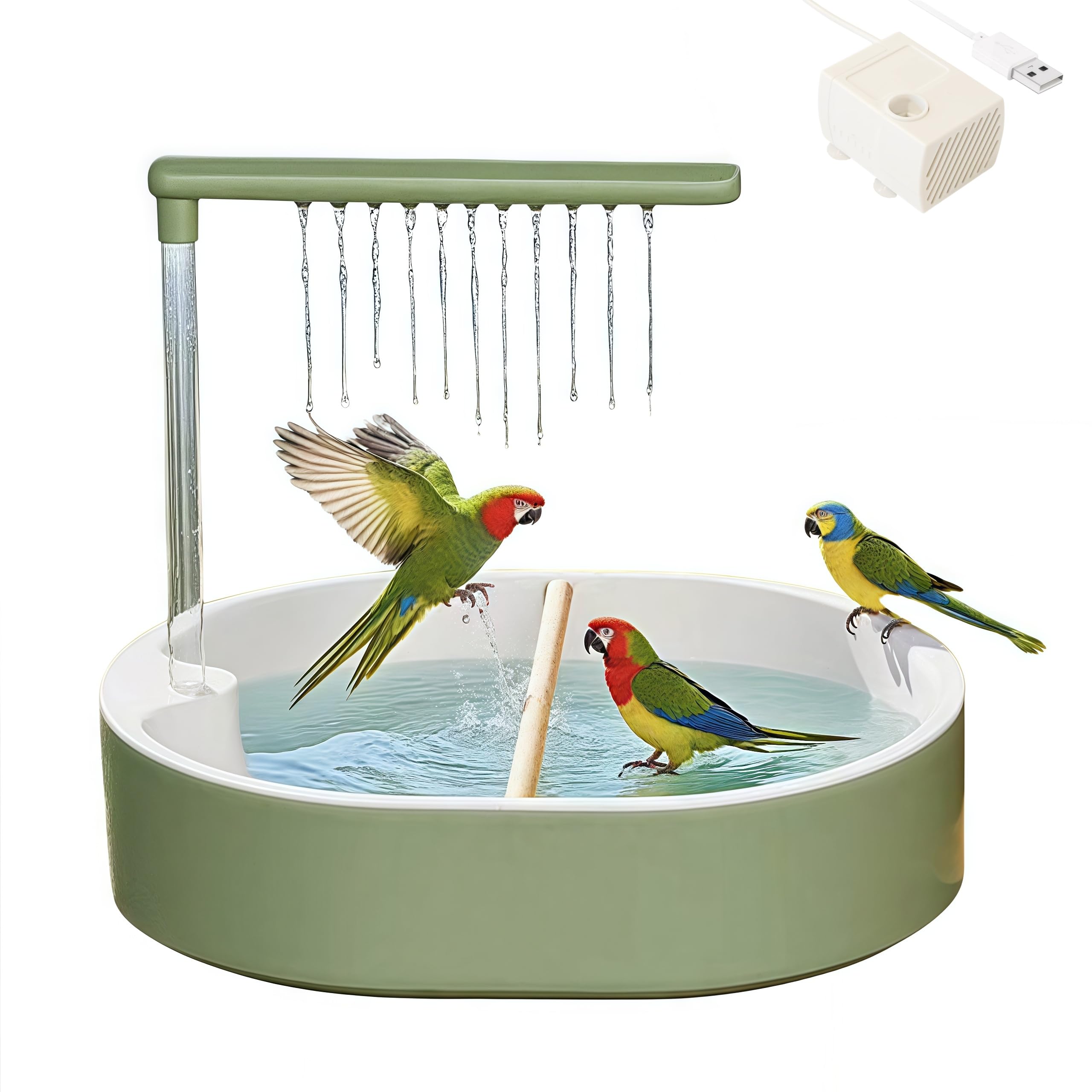 Parakeet Bird Bath for Cage Indoor, Parrot Bird Shower Budgie Bath Splash Guard, Automatic Circulating Water Bathtub for Pet Bird, Lovebird, Cockatiel, Finches, Cockatoo, Conure (Green Pipe)
