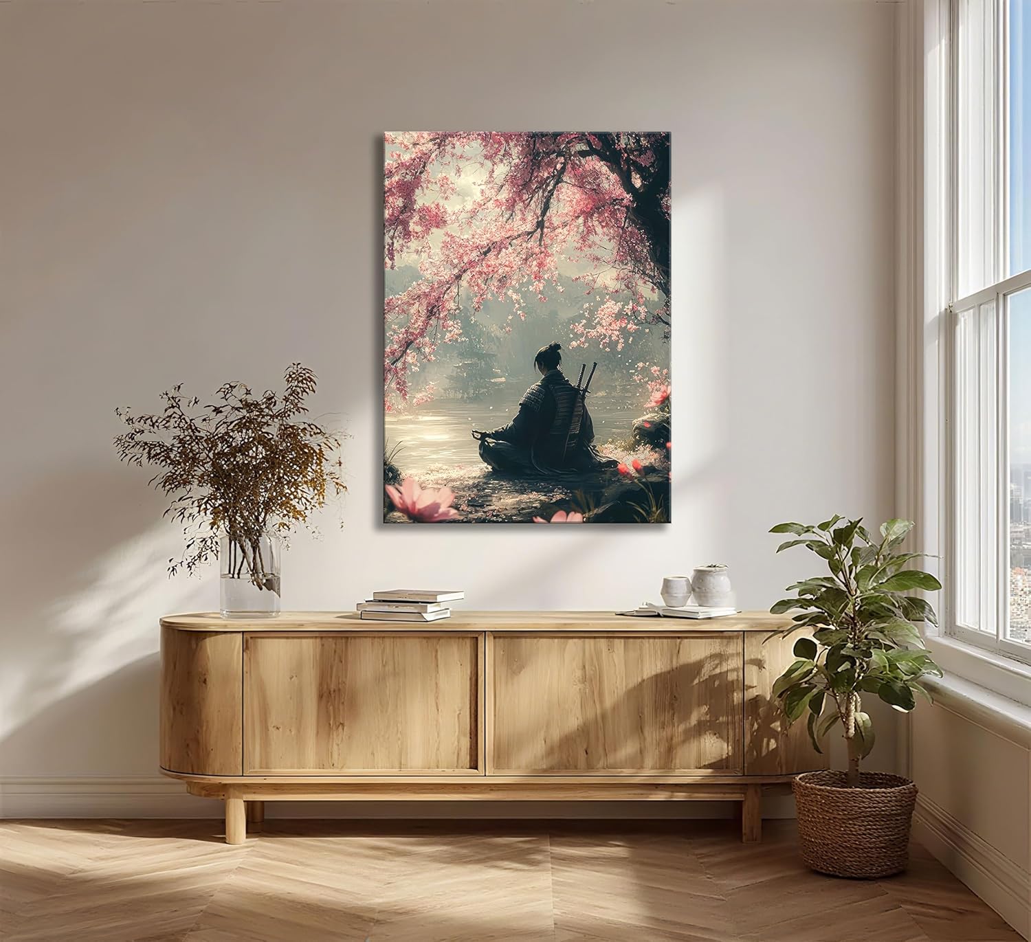 Japanese Sakura Samurai Canvas Wall Art Traditional Bushido Wall Decor Picture Asian Japanese style Cherry Blossoms Warrior Poster Print for Living Room Bedroom 16x24in Ready To Hang