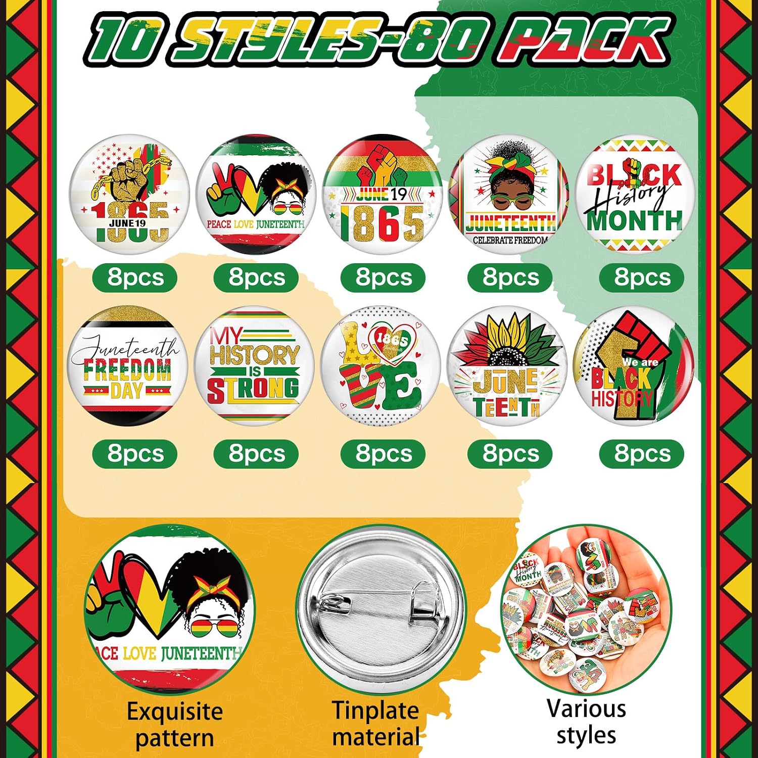 Ferreve 80 Pcs Juneteenth Buttons Pins 1 Inch Juneteenth Party Favors Lapel Pin Black History Round Badges Pins for Women Men 1865 Black History Activity Supplies Decoration Backpacks Hat