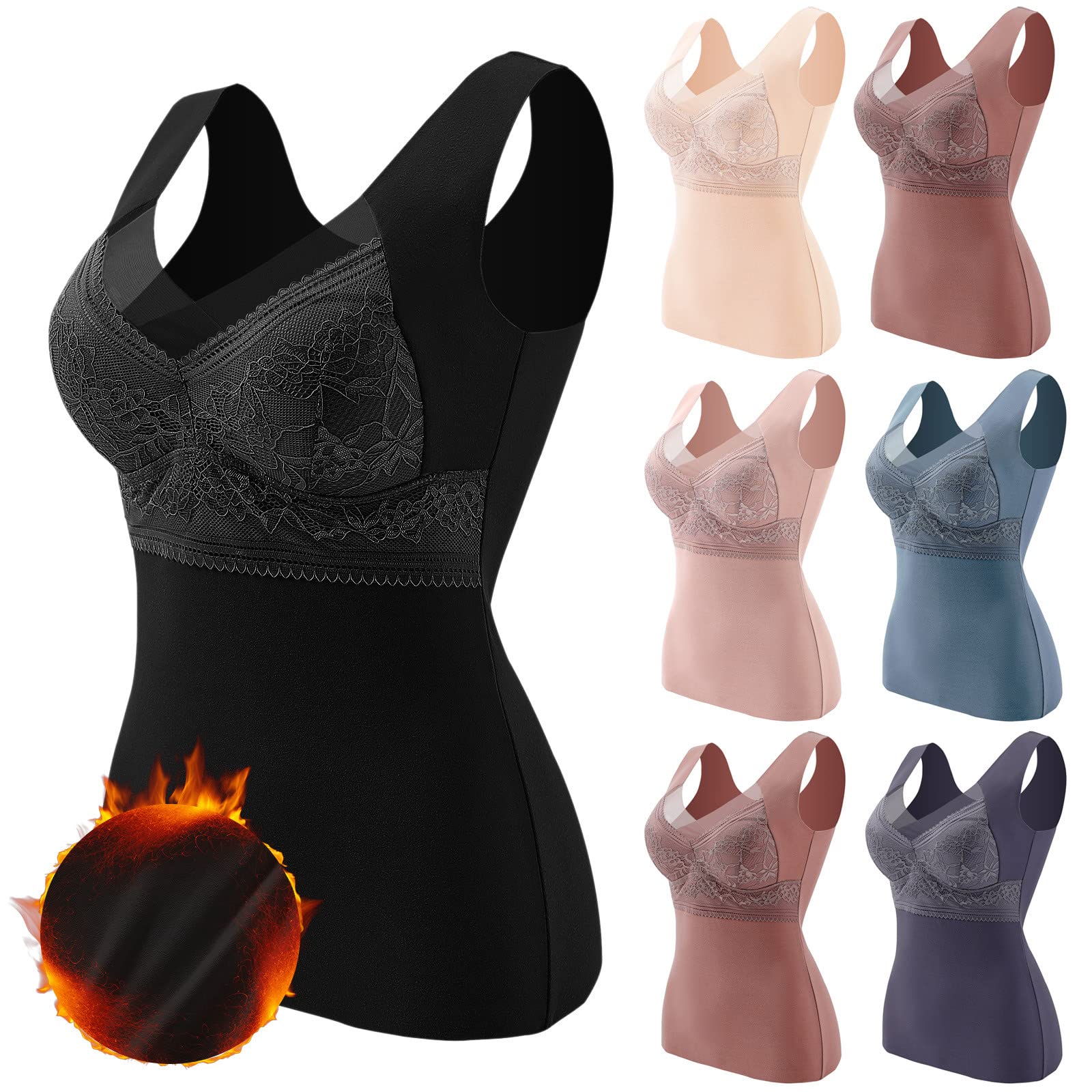 T-shirts thermiques sans manches pour femme avec soutien-gorge intégré non amovible avec col en V, gilet, sous-vêtements doublés en polaire, débardeurs thermiques, sous-vêtements en dentelle