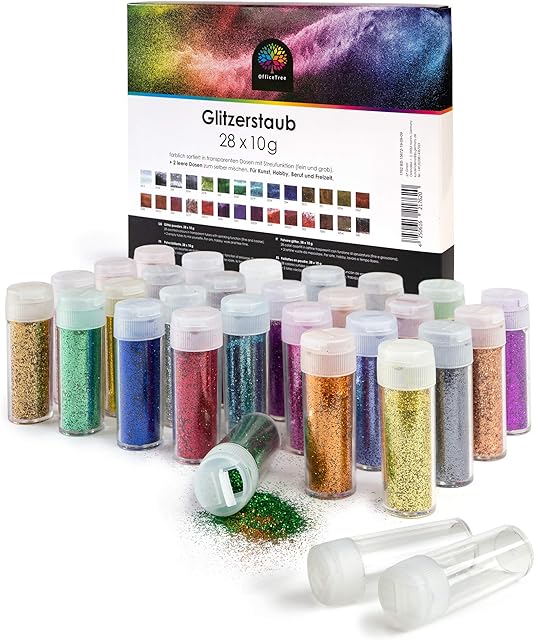 OfficeTree Glitter Set 28 x 10g Colours & 2 Empty Glitter Tubes - Fine Glitter Craft - Glitters as Body Glitter & Festival Glitter & Nail Glitter - Fine Craft Glitter for Kids
