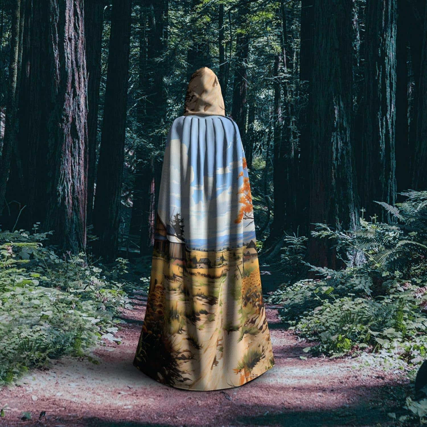 Unisex Full Length Hooded Halloween Christmas Party Robe Cloak Cape Cosplay Costume Men Women North American Farmscape Prints Black