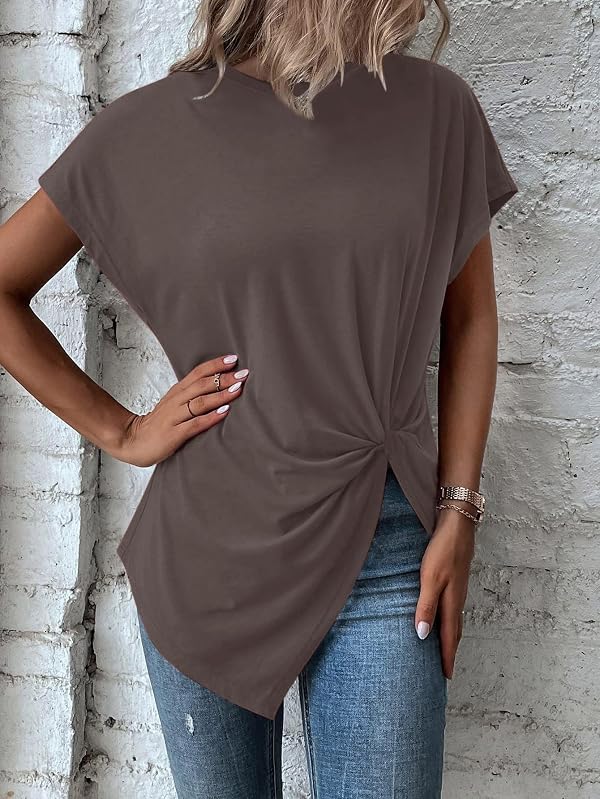 Remidoo Asymmetrical Tops for Women Twist Front Top Crewneck Knot Short Sleeve T Shirts Brown XXX-Large by Remidoo - Used condition - US$13.01