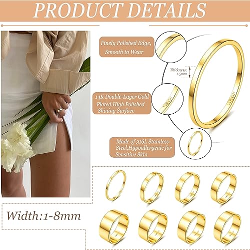 Miniatura 3 de LOYALLOOK 8 anillos de oro apilables de acero inoxidable para mujeres y niñas, anillos de declaración lisos, anillo puntero para el pulgar,