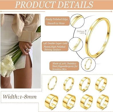 LOYALLOOK 8 Pcs حلقات الذهب الفولاذ المقاوم للصدأ التراص خواتم للنساء بيان العصابات عادي خاتم الإصبع الإبهام مؤشر الدائري تكويم رقيقة خاتم الذهب مجموعة الراحة تناسب الحجم 5 إلى 10